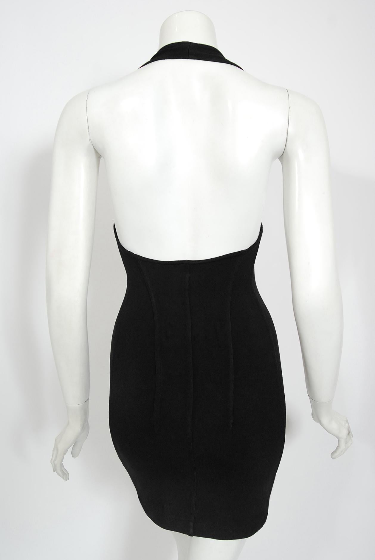 Vintage 1990 Azzedine Alaia Documented Black Rayon Halter Mini Bodycon Dress 5