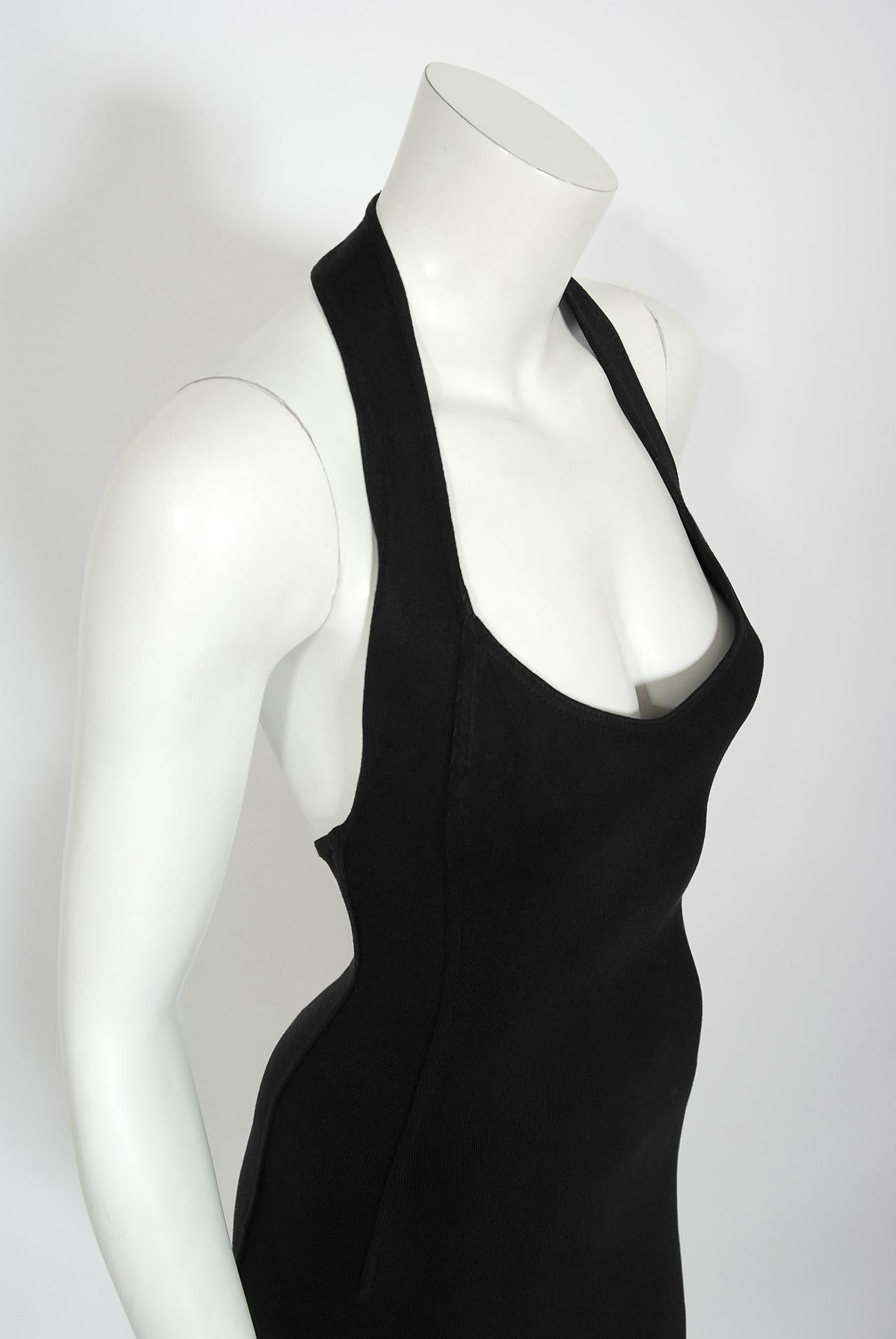 Vintage 1990 Azzedine Alaia Documented Black Rayon Halter Mini Bodycon Dress In Good Condition In Beverly Hills, CA