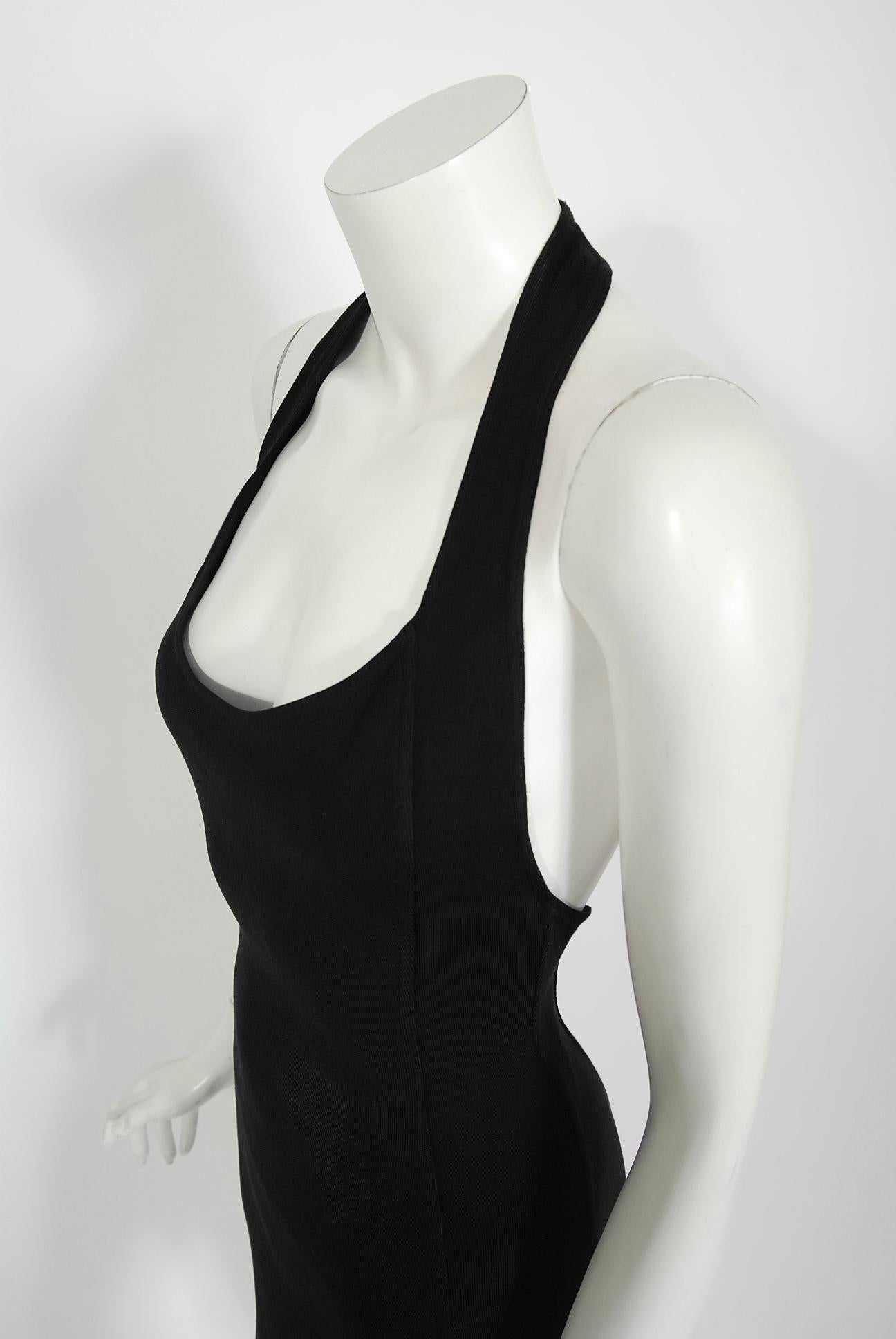 Women's Vintage 1990 Azzedine Alaia Documented Black Rayon Halter Mini Bodycon Dress