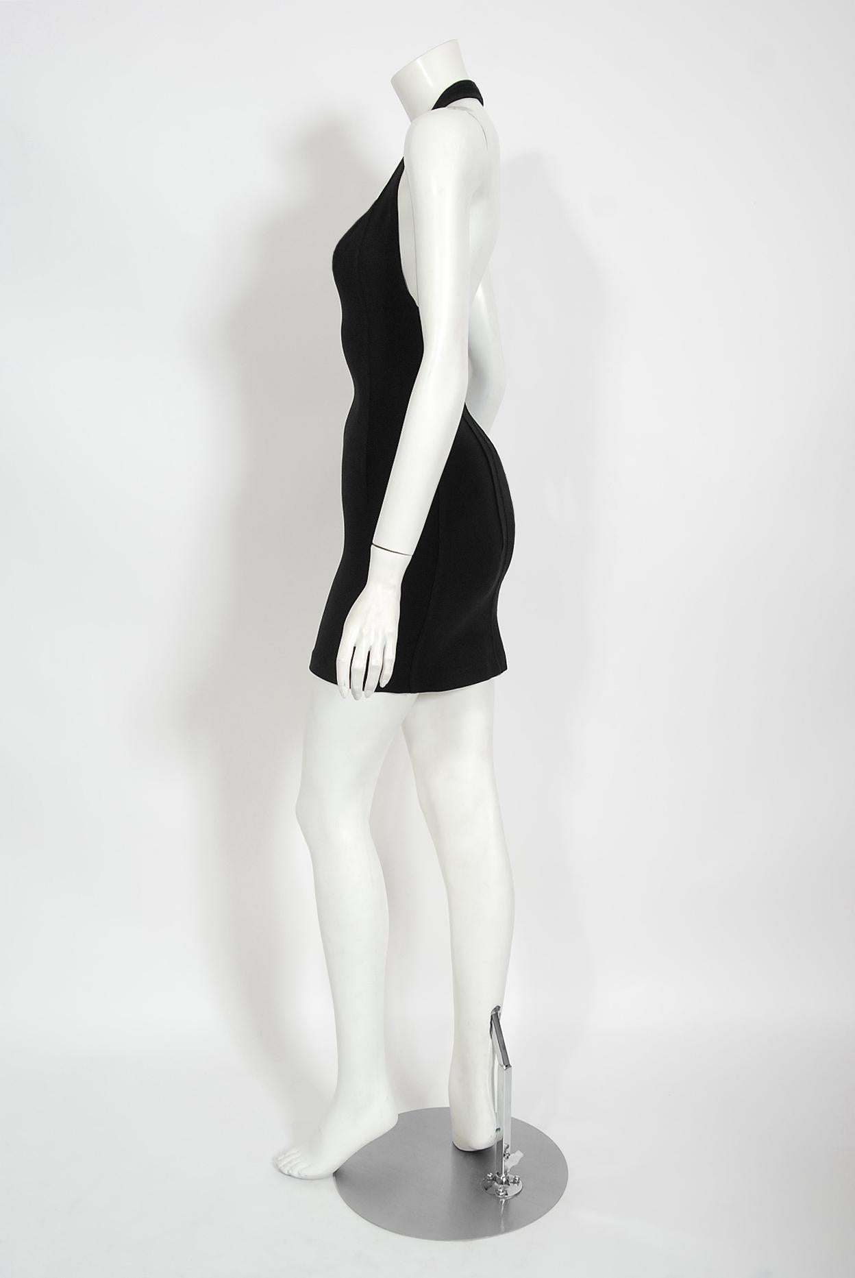 Vintage 1990 Azzedine Alaia Documented Black Rayon Halter Mini Bodycon Dress 1