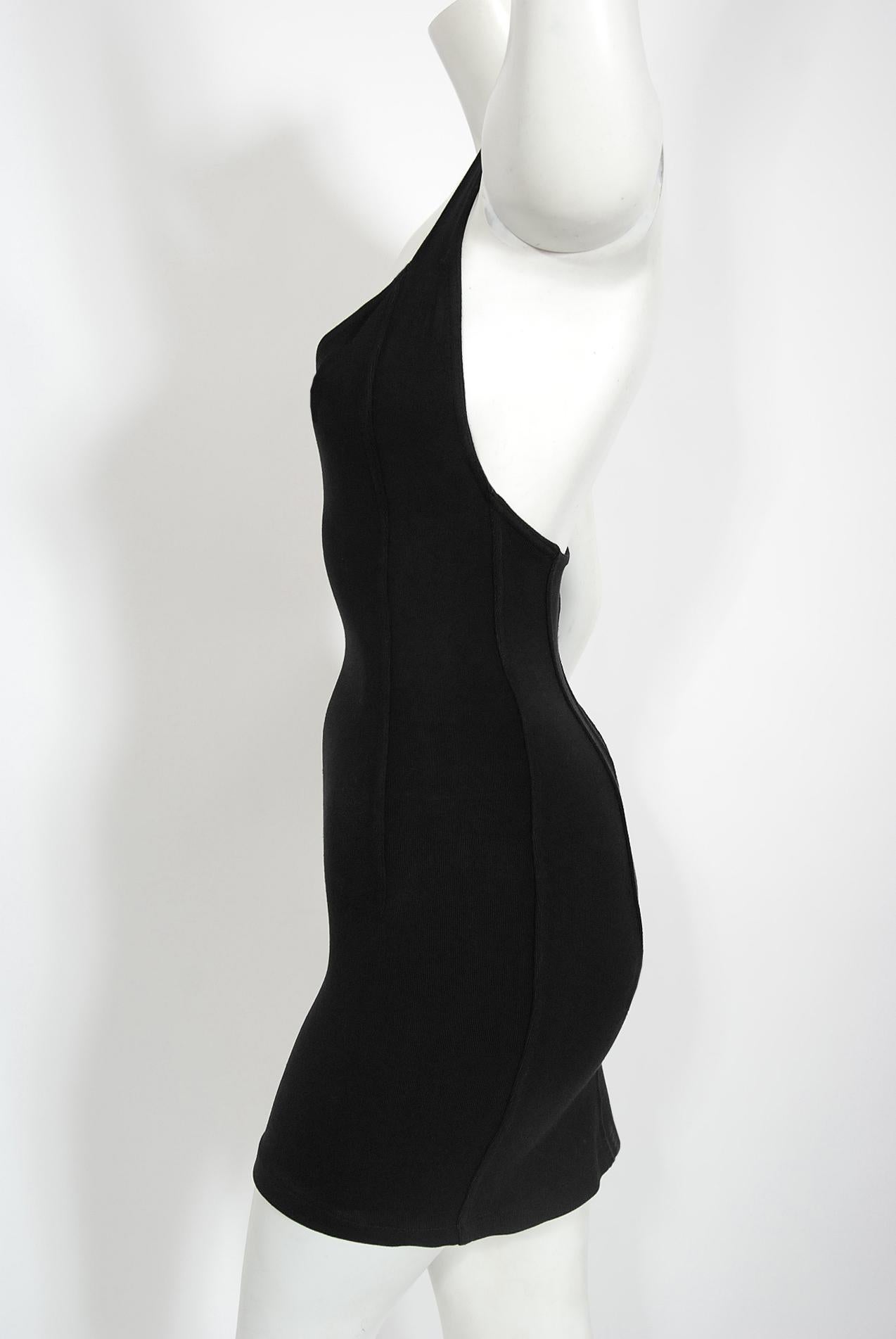 Vintage 1990 Azzedine Alaia Documented Black Rayon Halter Mini Bodycon Dress For Sale 2