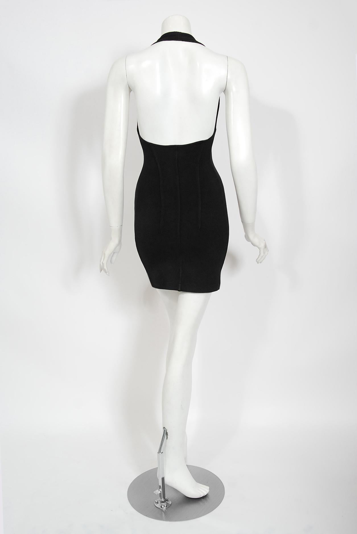 Vintage 1990 Azzedine Alaia Documented Black Rayon Halter Mini Bodycon Dress 4