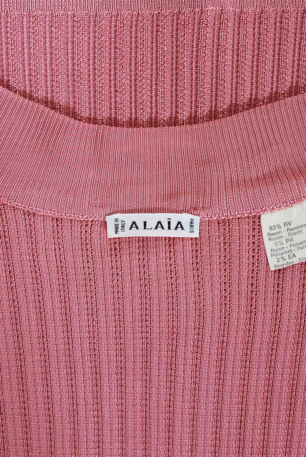 Vintage 1990 Azzedine Alaia Blush-Pink Ribbed Knit Long Sleeve Bodycon Dress For Sale 8