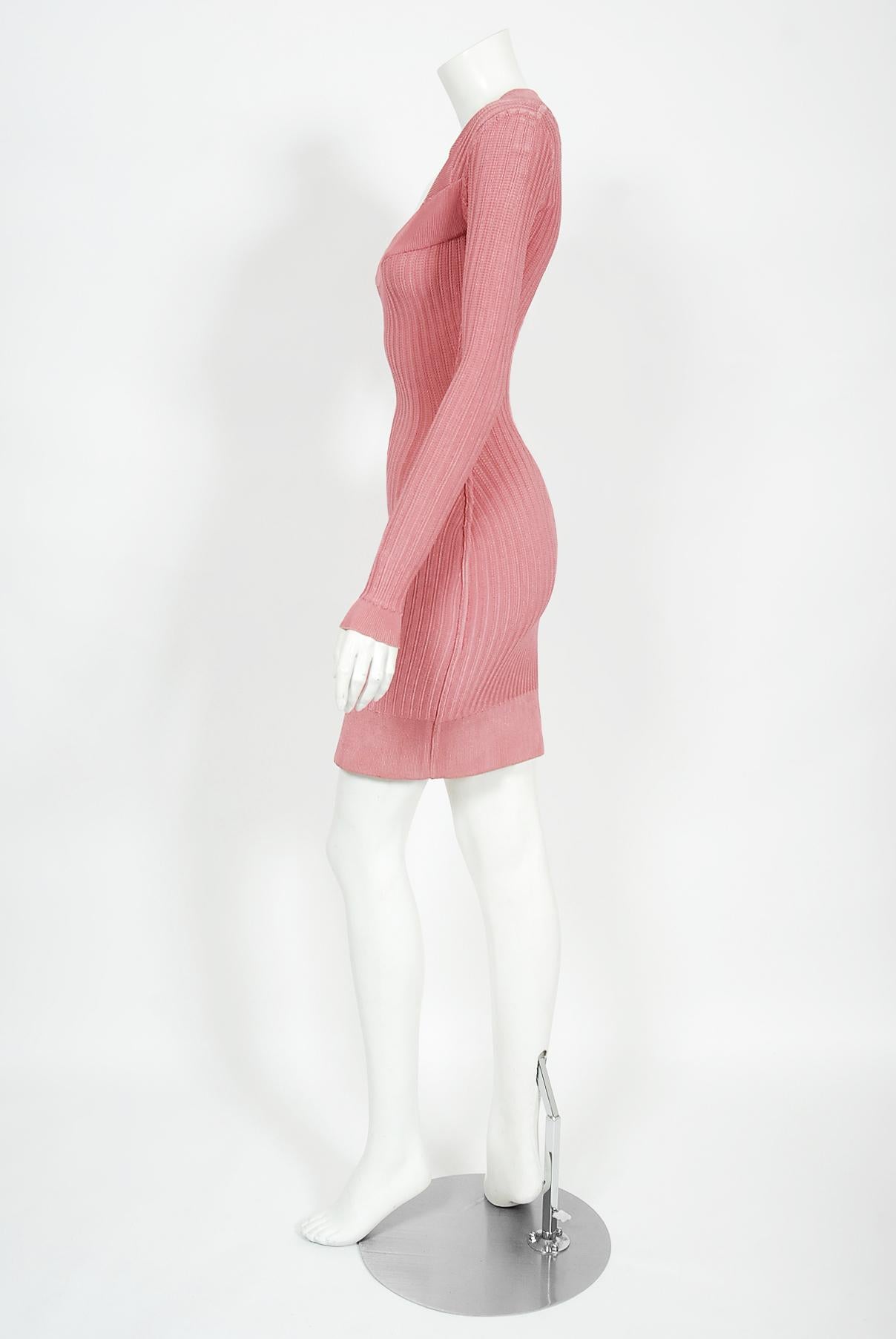 Women's Vintage 1990 Azzedine Alaia Blush-Pink Ribbed Knit Long Sleeve Bodycon Dress For Sale