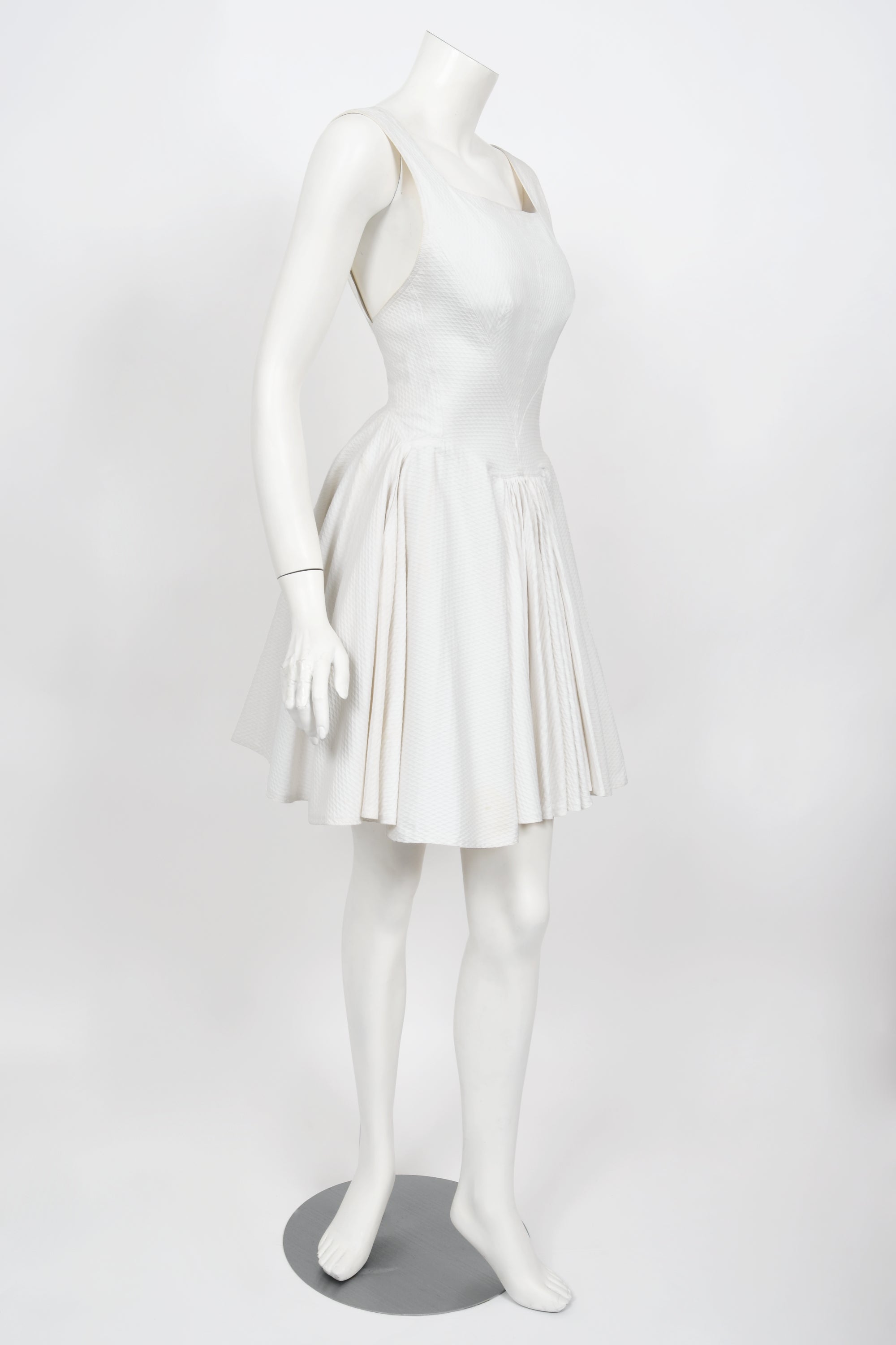 Vintage 1990 Azzedine Alaia Ivory White Waffle-Cotton Backless Skater Mini Dress 6