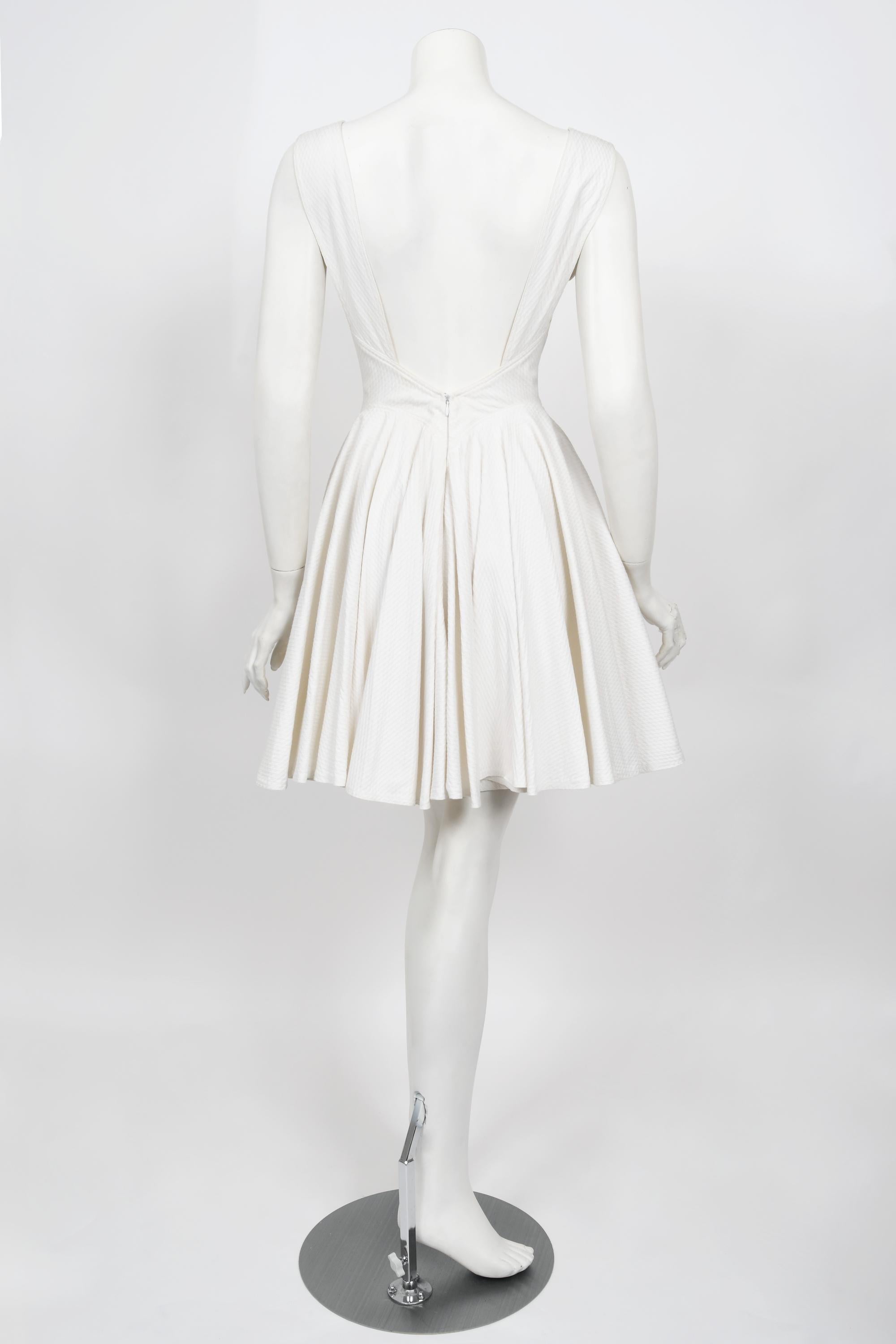 Vintage 1990 Azzedine Alaia Ivory White Waffle-Cotton Backless Skater Mini Dress 8