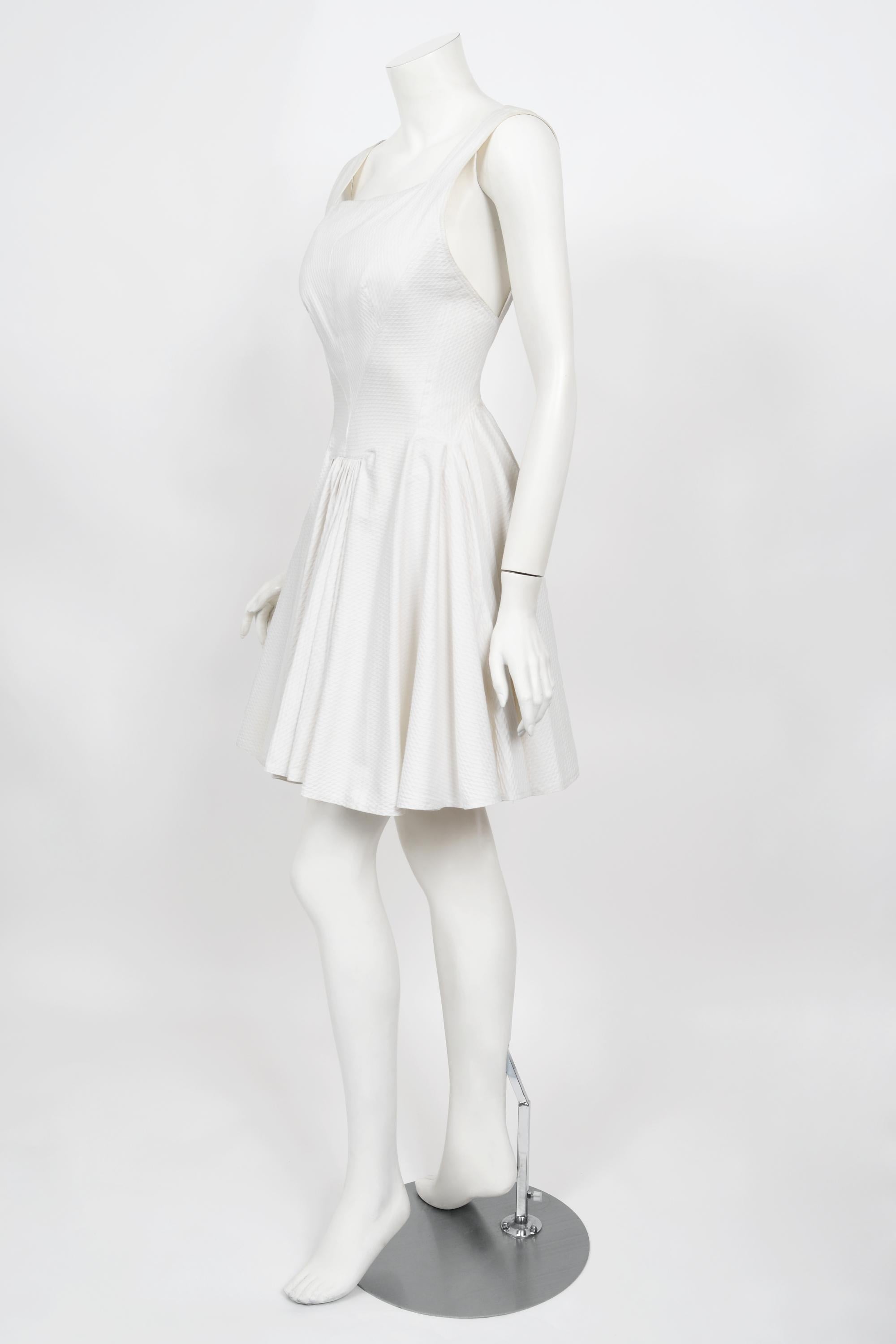 Vintage 1990 Azzedine Alaia Ivory White Waffle-Cotton Backless Skater Mini Dress 1