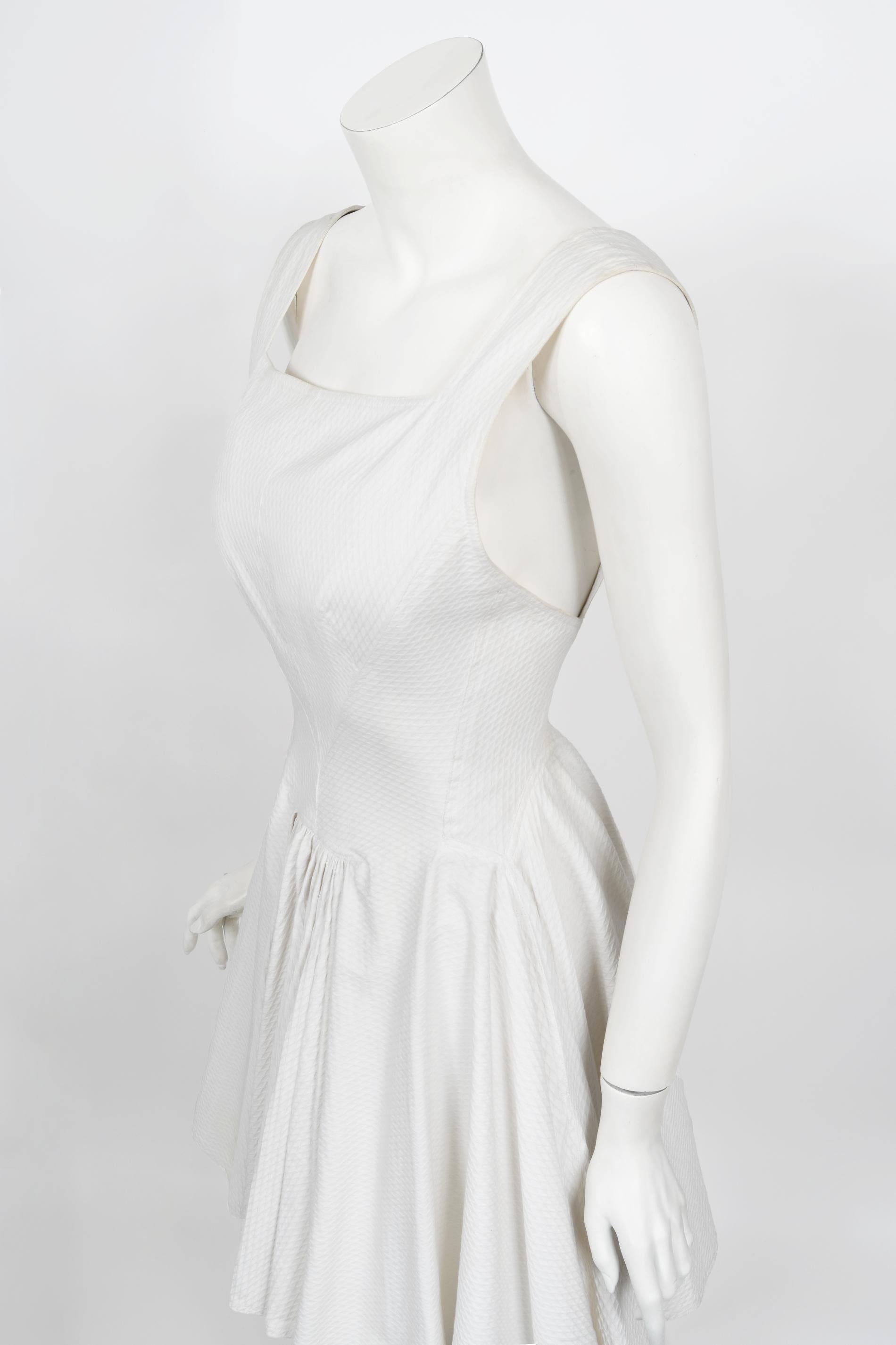 Vintage 1990 Azzedine Alaia Ivory White Waffle-Cotton Backless Skater Mini Dress 2