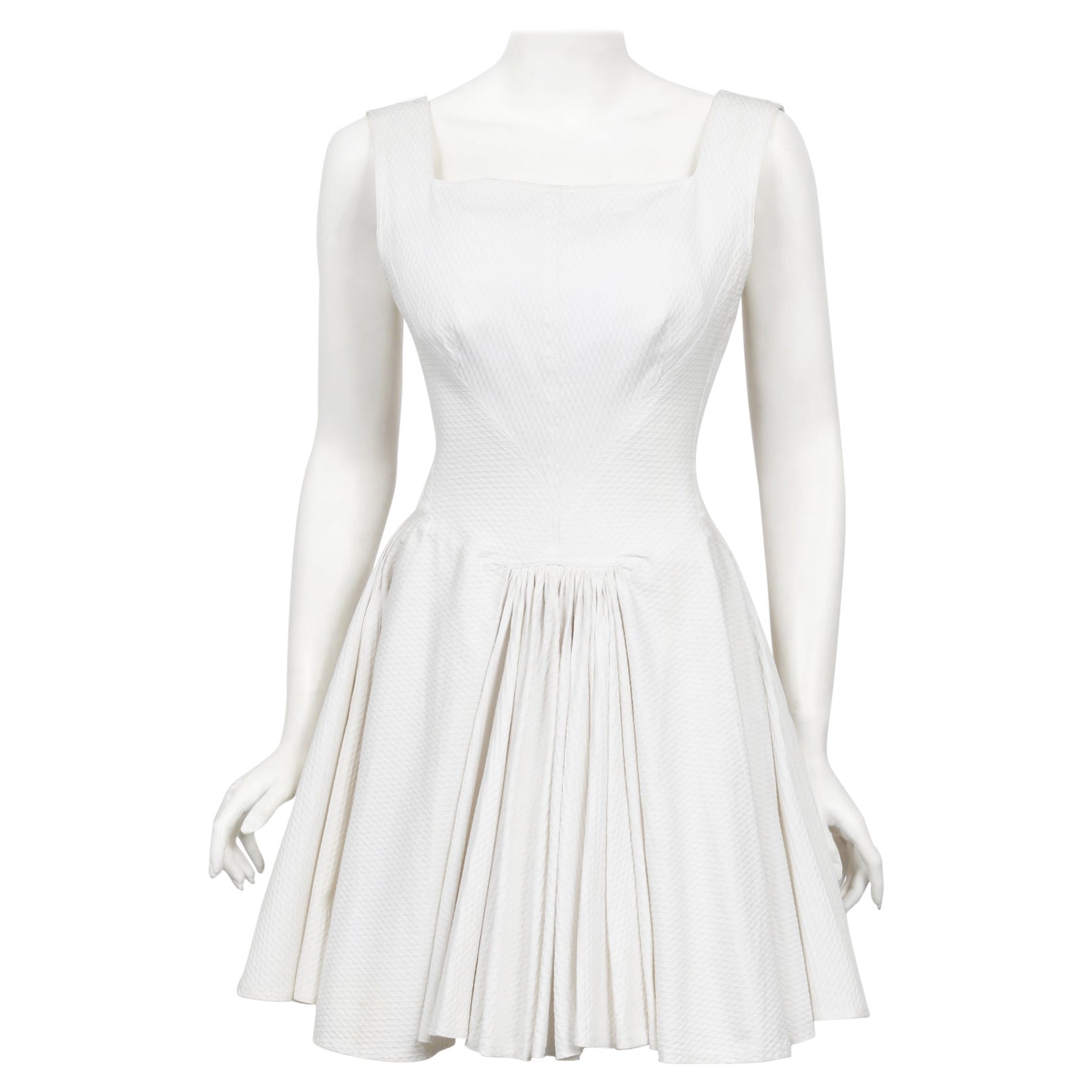 Vintage 1990 Azzedine Alaia Ivory White Waffle-Cotton Backless Skater Mini Dress
