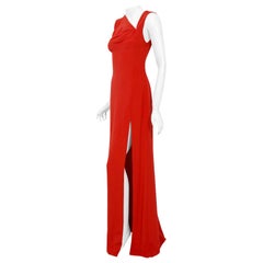 Vintage 1990 Bill Blass Poppy Red Silk Asymmetric Bias-Cut High Slit Gown w/Tags
