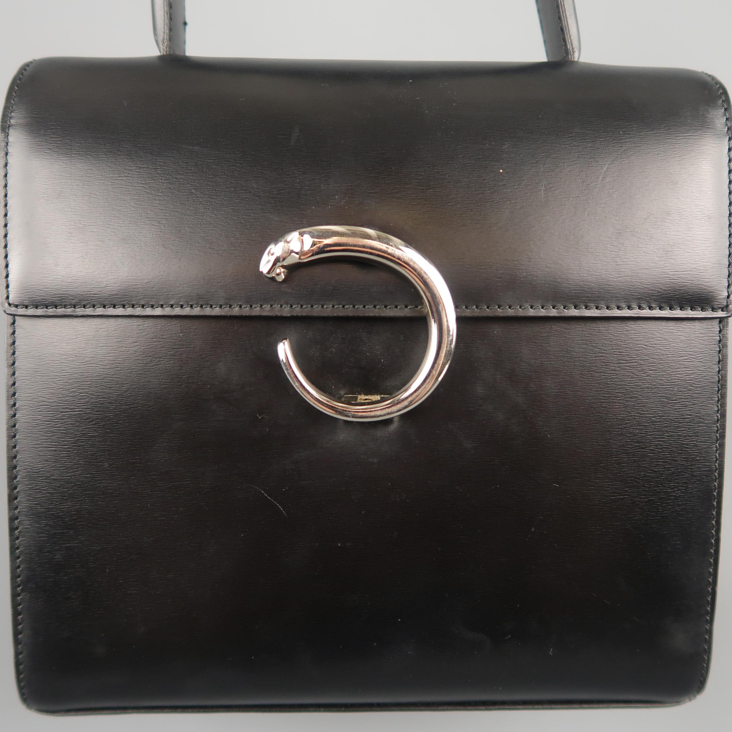 Vintage 1990 CARTIER Black Leather Silver Panther Closure Handbag (Schwarz)