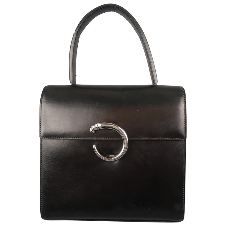 Vintage 1990 CARTIER Black Leather Silver Panther Closure Handbag For