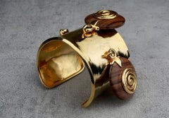 Vintage 1990 CELINE PARIS Spiral Wood Charm Cuff Bracelet
