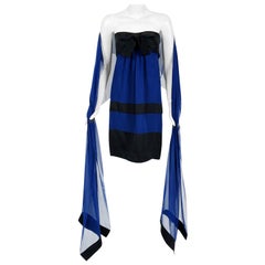 Retro 1990 Chanel Runway Sapphire-Blue & Black Silk Strapless Dress w/ Shawl