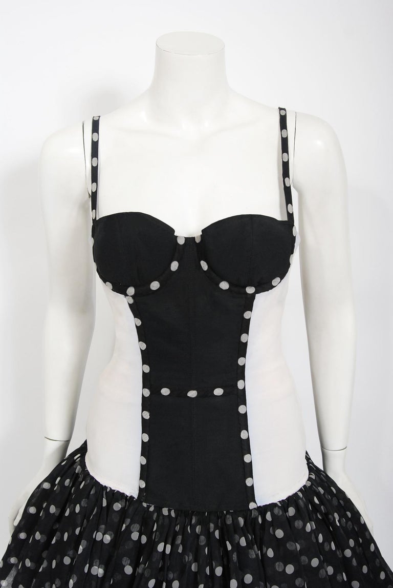 Vintage 1990 Christian Dior Black White Polka-Dot Silk Bustier Plunge Mini Dress In Good Condition For Sale In Beverly Hills, CA