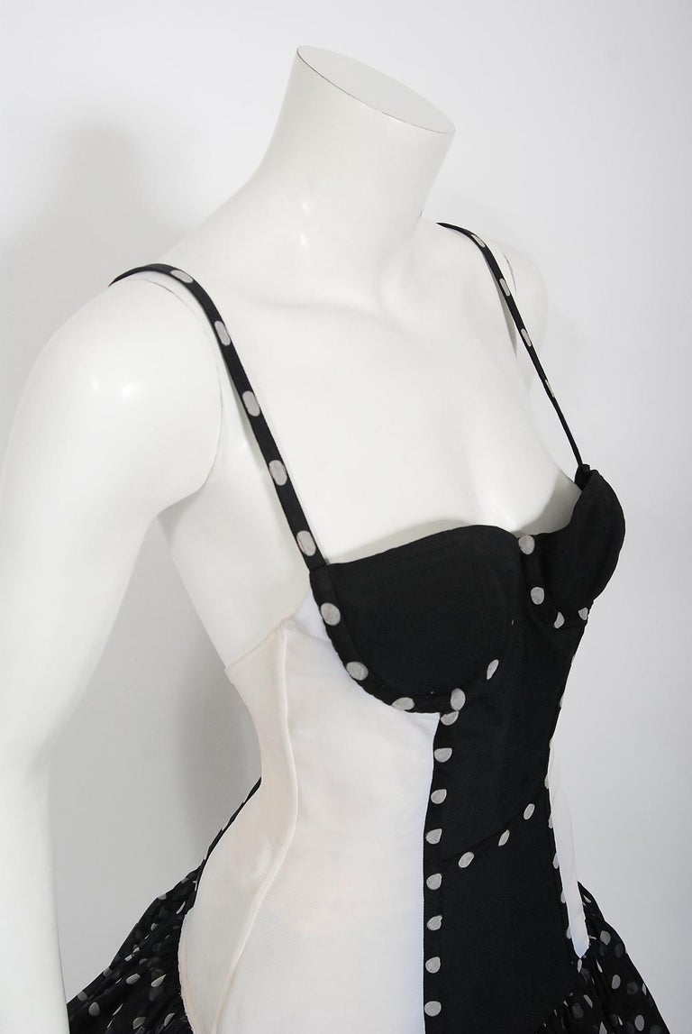 Women's Vintage 1990 Christian Dior Black White Polka-Dot Silk Bustier Plunge Mini Dress For Sale