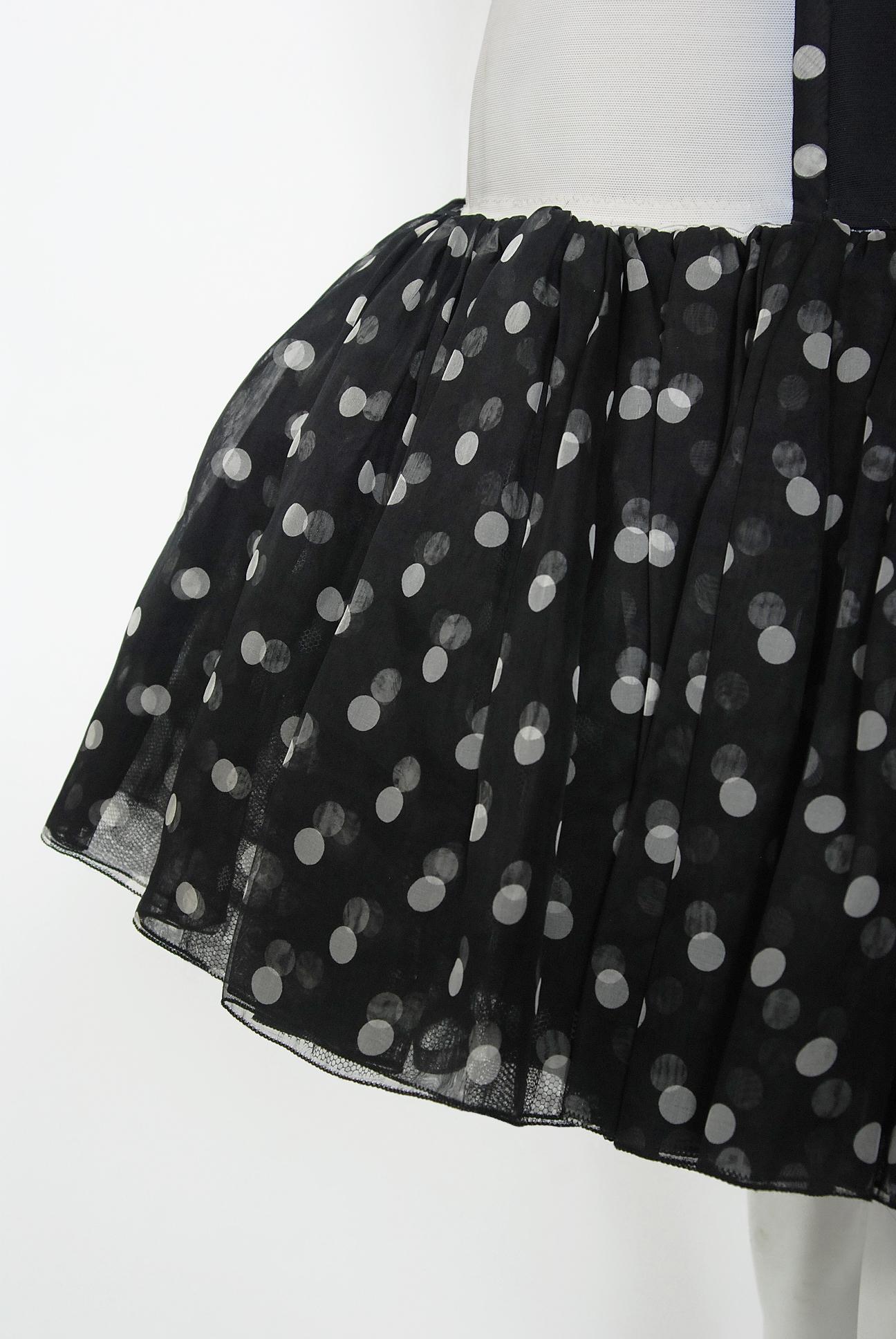 Vintage 1990 Christian Dior Black White Polka-Dot Silk Bustier Plunge Mini Dress In Good Condition In Beverly Hills, CA