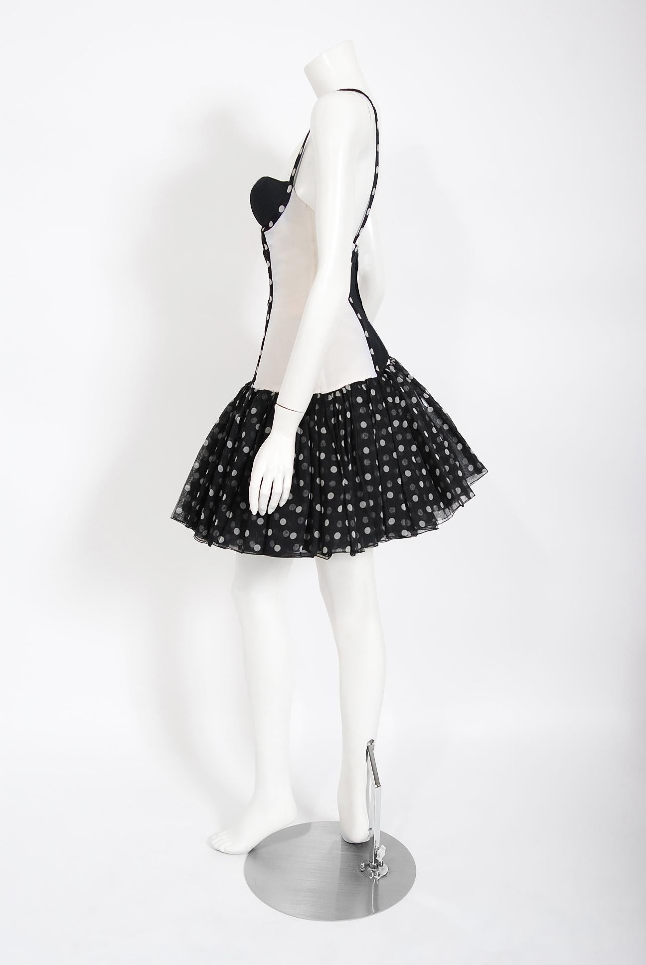 Women's Vintage 1990 Christian Dior Black White Polka-Dot Silk Bustier Plunge Mini Dress