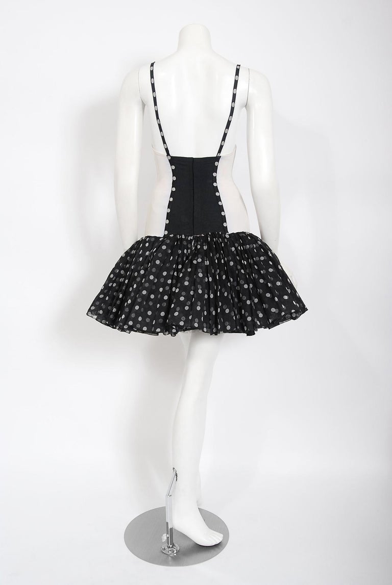 Vintage 1990 Christian Dior Black White Polka-Dot Silk Bustier Plunge Mini Dress For Sale 3