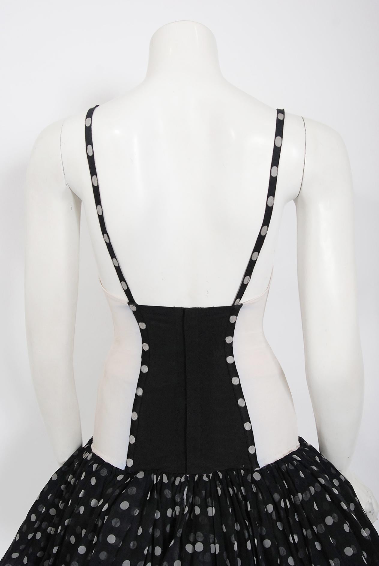 Vintage 1990 Christian Dior Black White Polka-Dot Silk Bustier Plunge Mini Dress 2