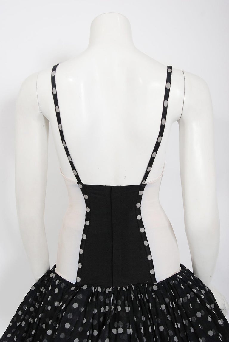 Vintage 1990 Christian Dior Black White Polka-Dot Silk Bustier Plunge Mini Dress For Sale 4