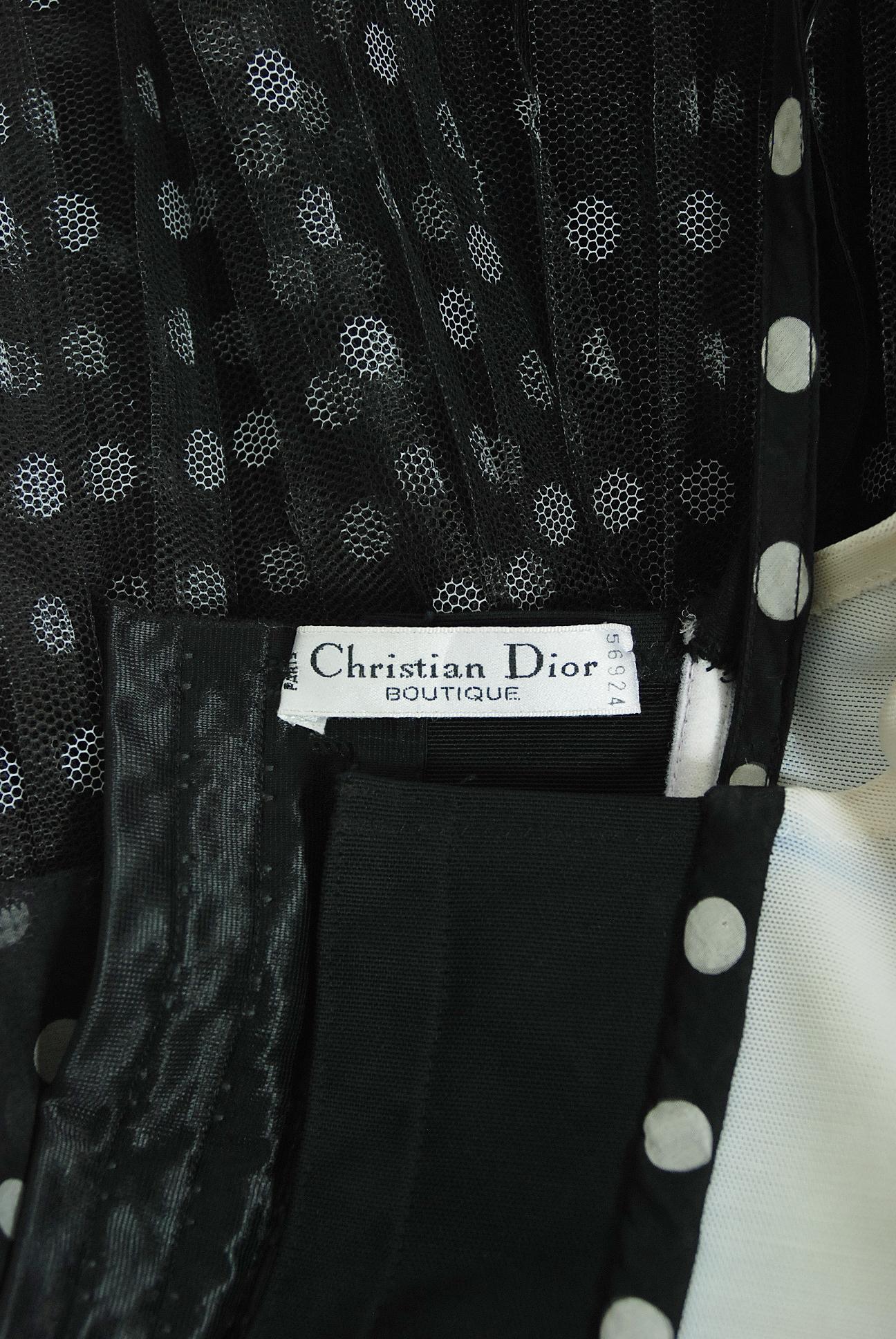 Vintage 1990 Christian Dior Schwarz-Weißes Minikleid aus Seide mit Tupfenbesatz und tiefem Ausschnitt 6