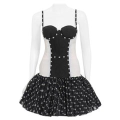 Vintage 1990 Christian Dior, nero, bianco, a pois, in seta, con bustier e miniabito a immersione