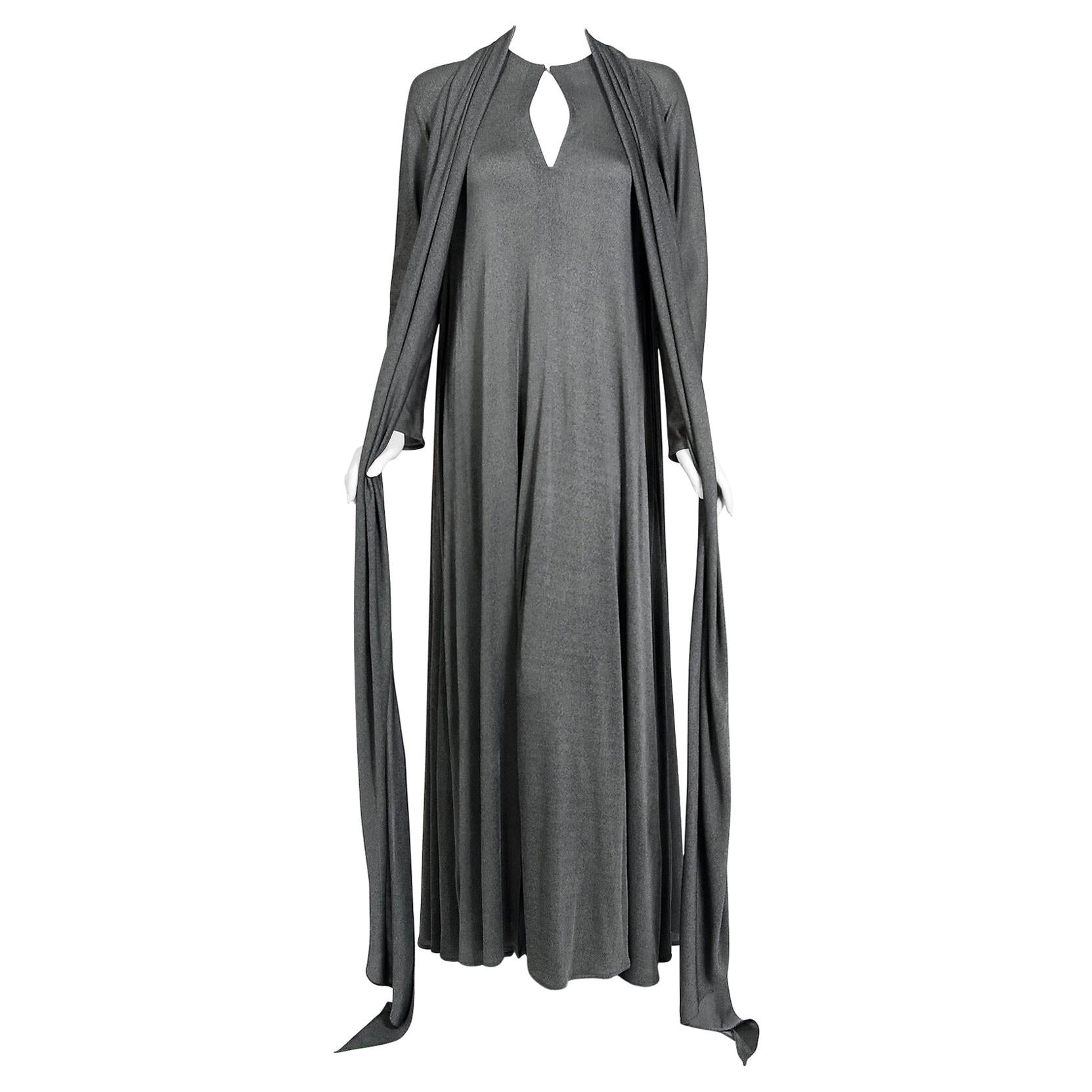 Vintage 1990 Geoffrey Beene Grey Silk-Jersey Draped Scarf High Slit Maxi Dress