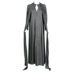 Vintage 1990 Geoffrey Beene Grey Silk-Jersey Draped Scarf High Slit Maxi Dress