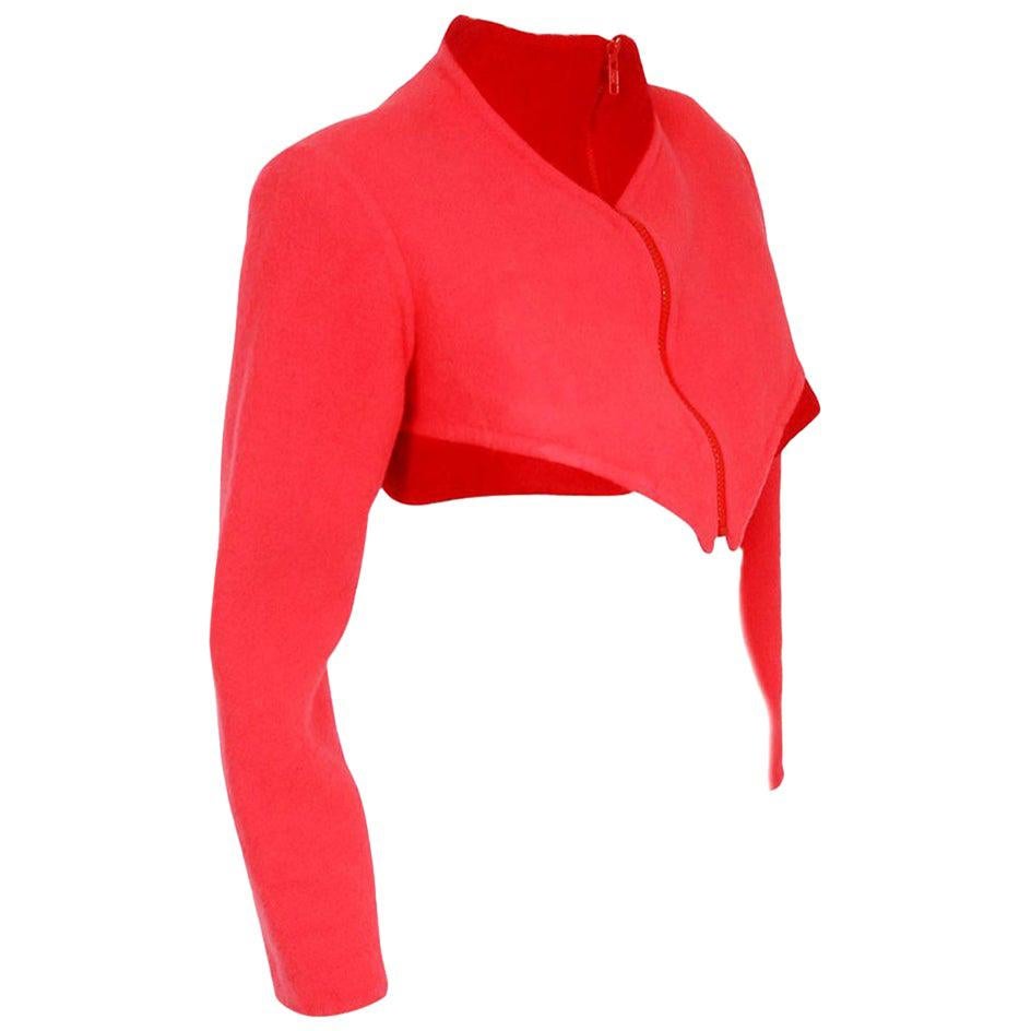 Vintage 1990 Geoffrey Beene Red & Pink Wool Cropped Zip-Up Sportswear Jacket