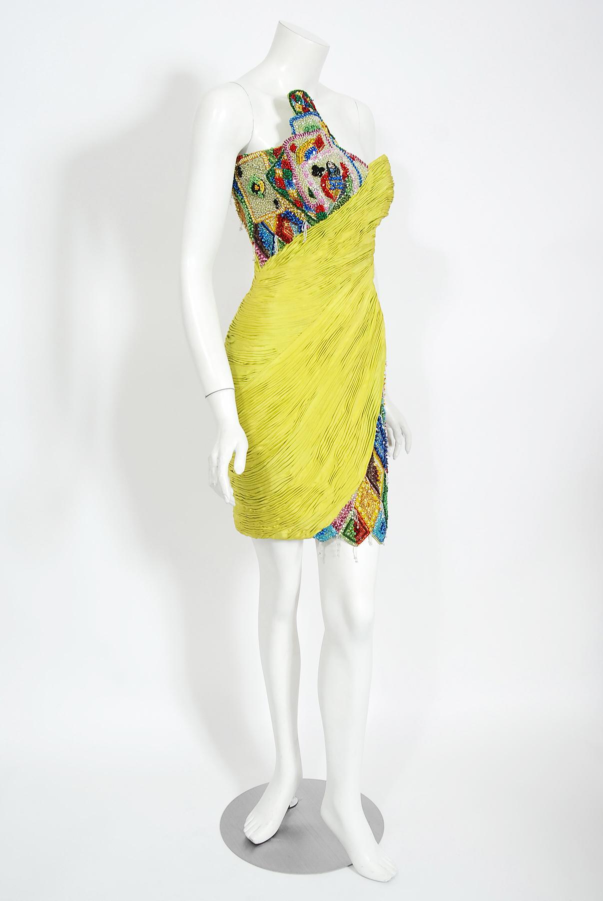Yellow Vintage 1990 Gianni Versace Couture Beaded Playing Cards Novelty Strapless Dress