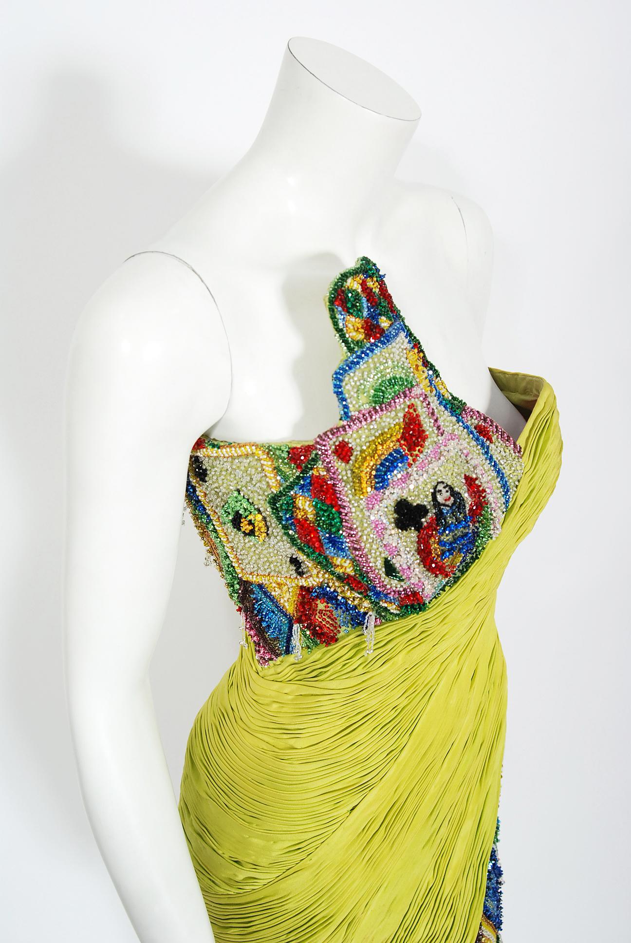 Vintage 1990 Gianni Versace Couture Beaded Playing Cards Novelty Strapless Dress In Good Condition In Beverly Hills, CA