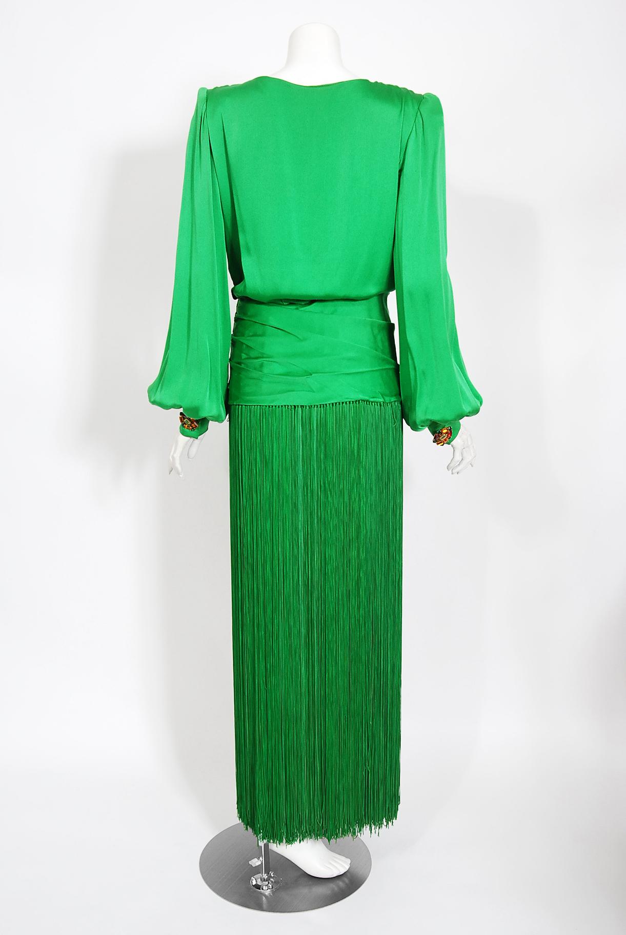 Vintage 1990 Givenchy Haute Couture Green Silk Billow-Sleeve Plunge Fringed Gown 6