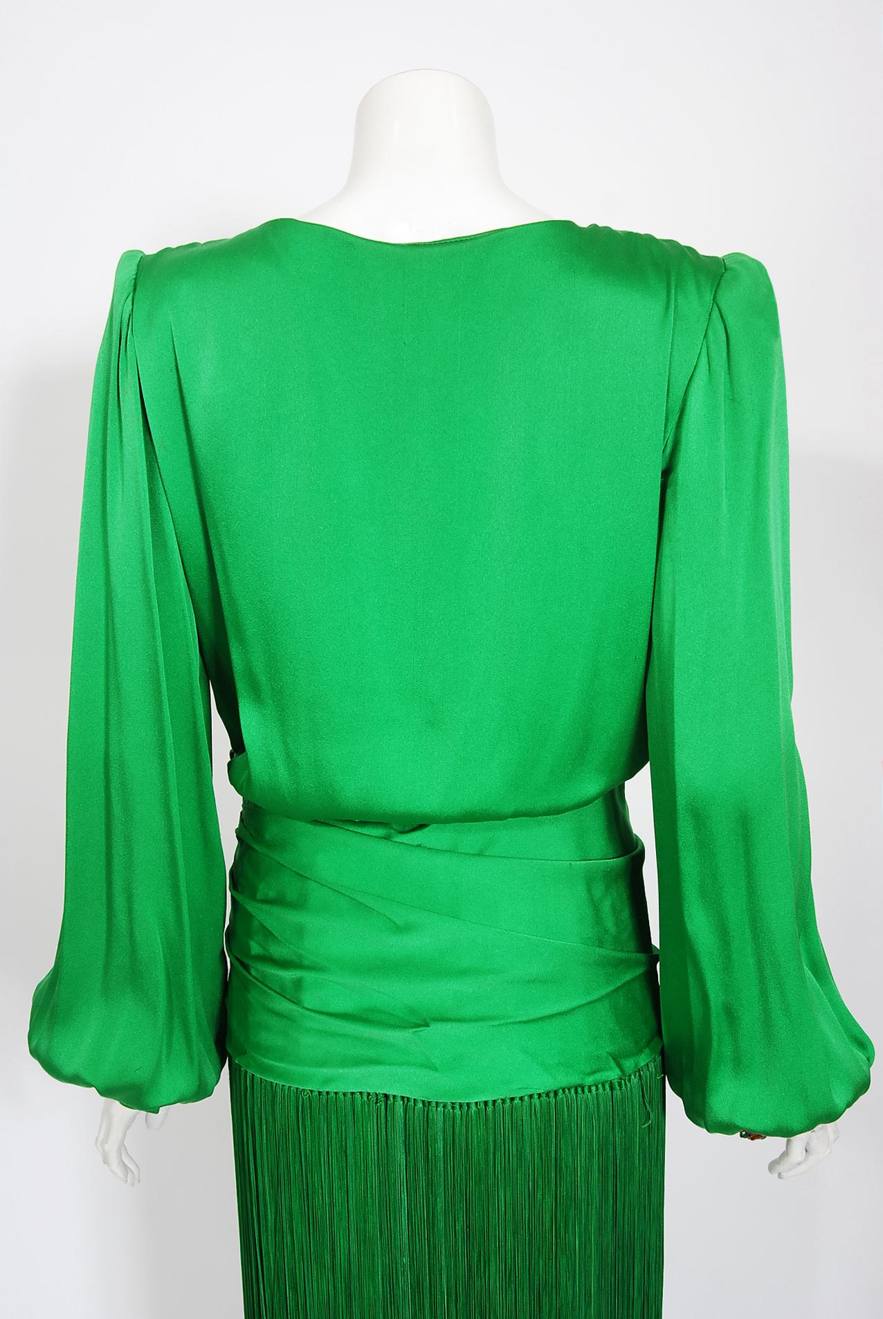 Vintage 1990 Givenchy Haute Couture Green Silk Billow-Sleeve Plunge Fringed Gown 7