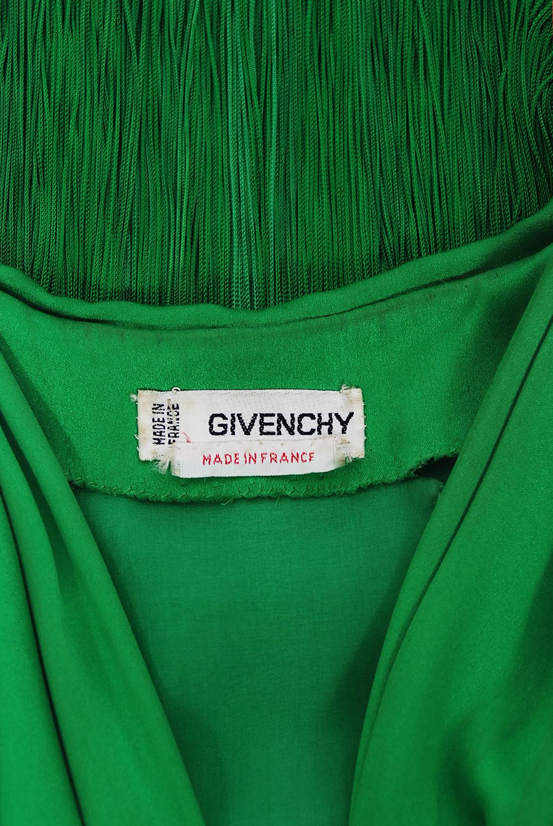 Vintage 1990 Givenchy Haute Couture Green Silk Billow-Sleeve Plunge Fringed Gown 8