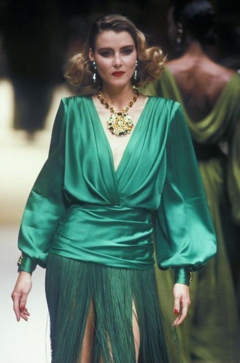 Vintage 1990 Givenchy Haute Couture Green Silk Billow-Sleeve Plunge ...