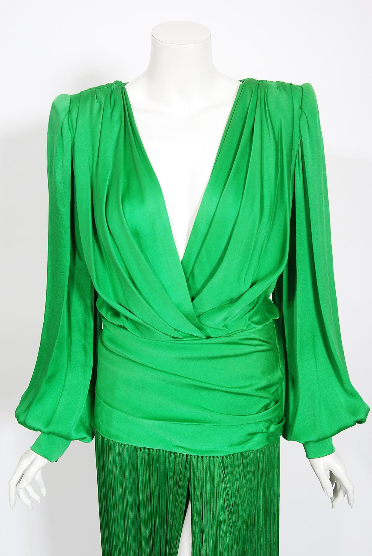 Vintage 1990 Givenchy Haute Couture Green Silk Billow-Sleeve Plunge Fringed Gown In Good Condition In Beverly Hills, CA