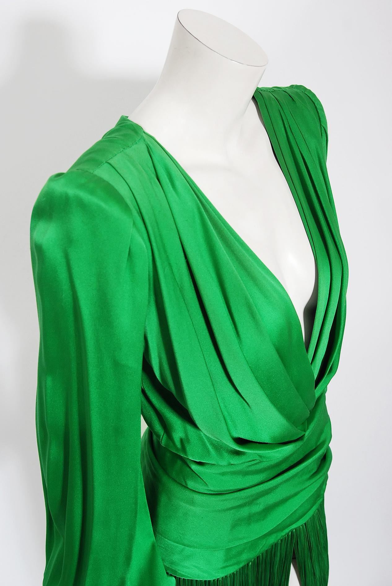 Women's Vintage 1990 Givenchy Haute Couture Green Silk Billow-Sleeve Plunge Fringed Gown
