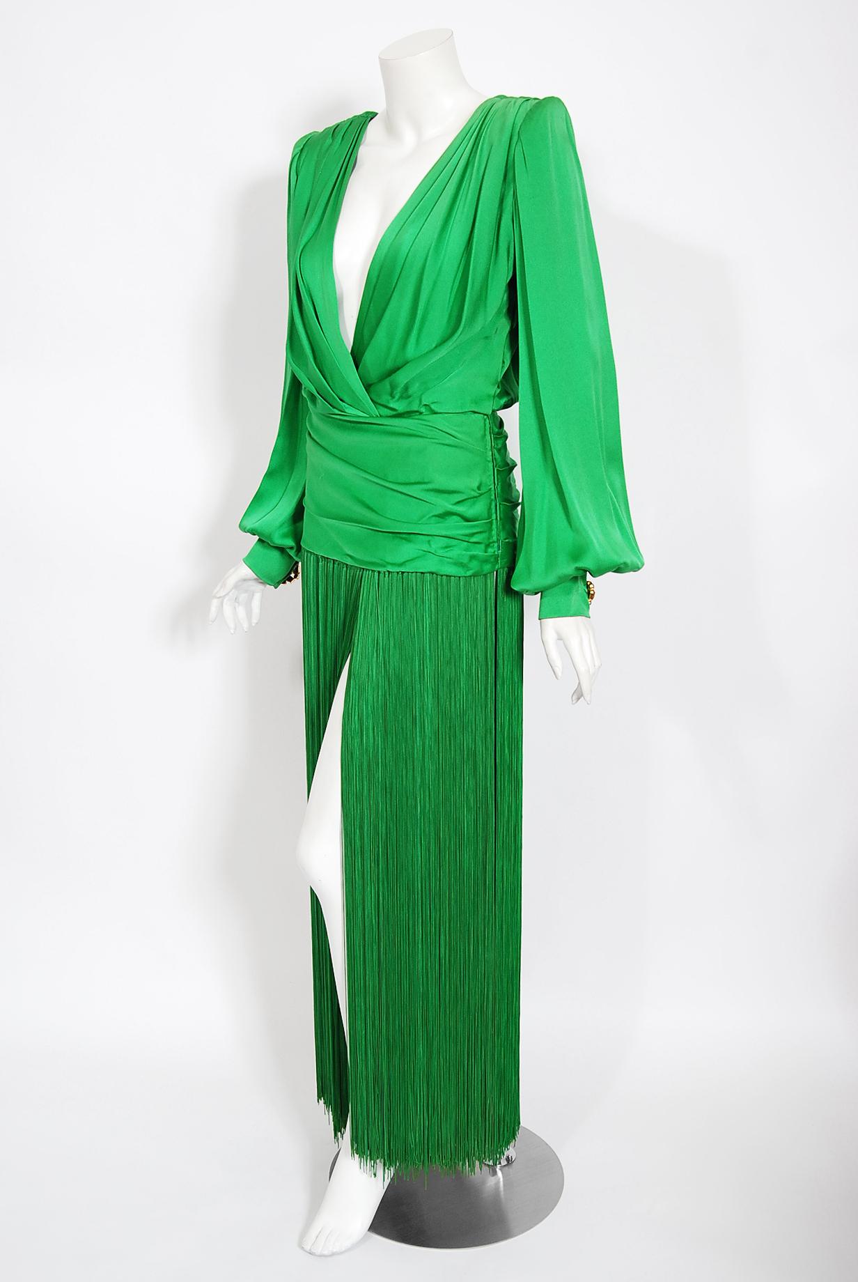Vintage 1990 Givenchy Haute Couture Green Silk Billow-Sleeve Plunge Fringed Gown 1