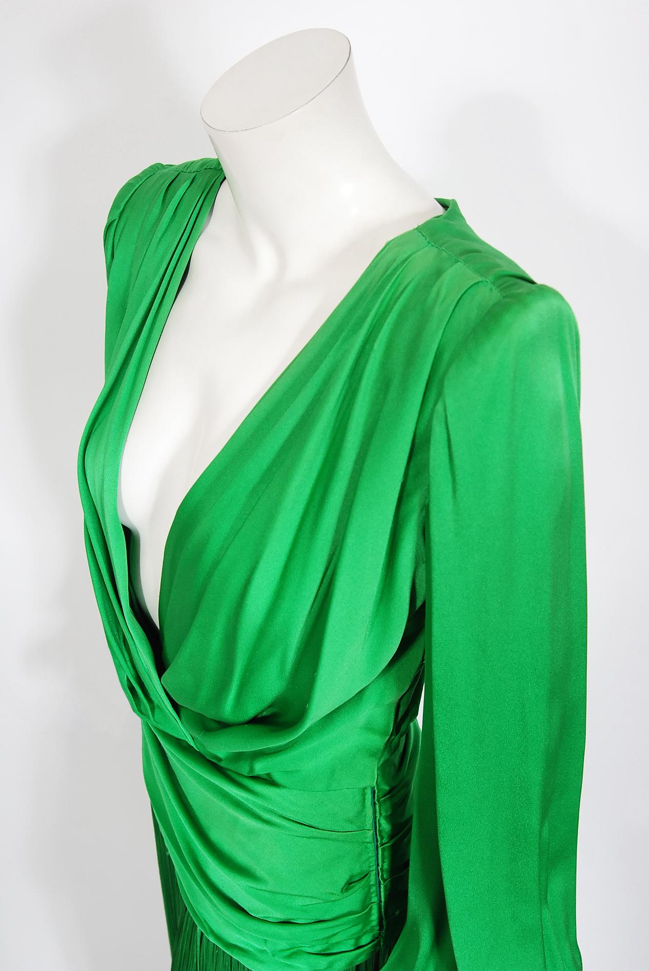 Vintage 1990 Givenchy Haute Couture Green Silk Billow-Sleeve Plunge Fringed Gown 2