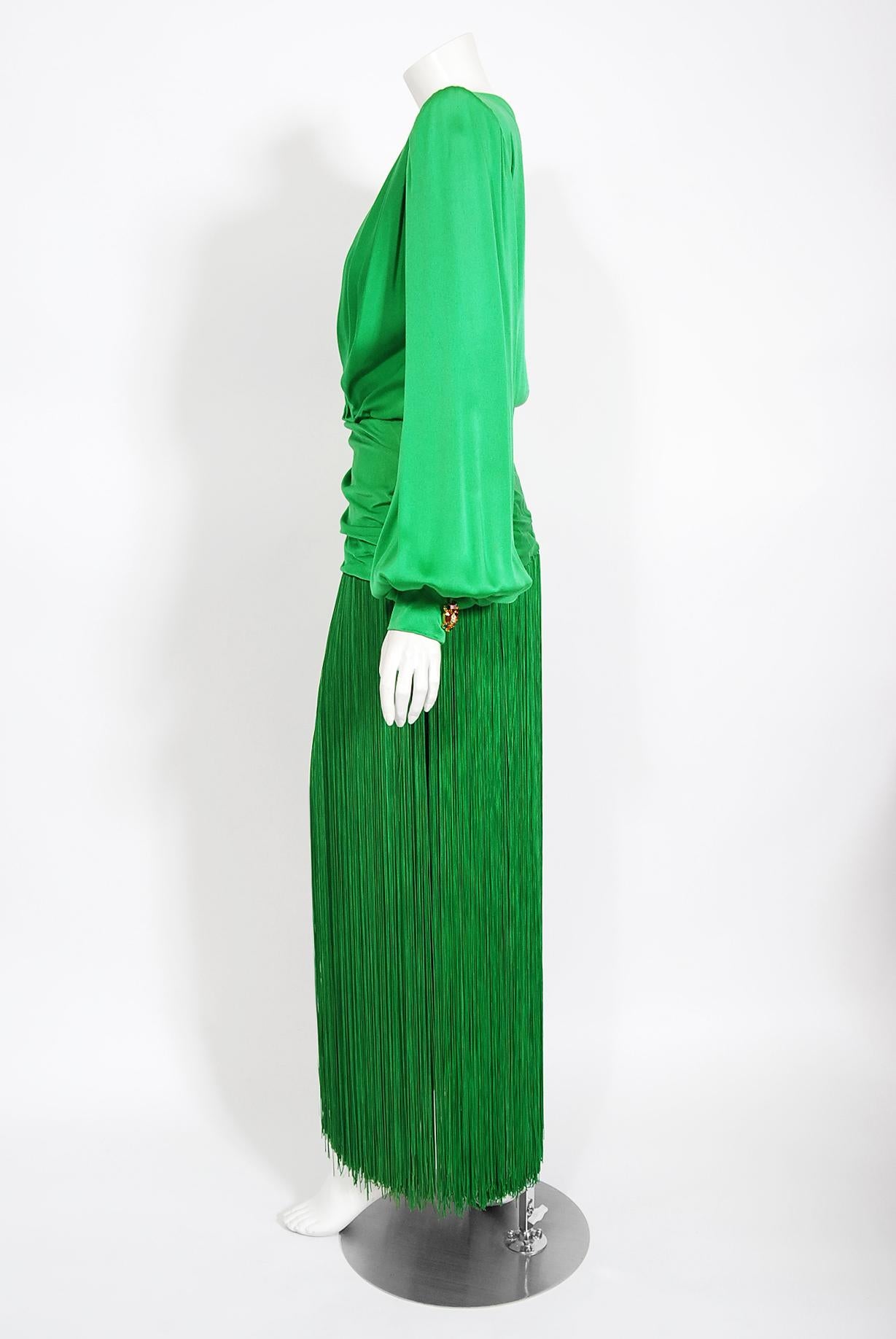 Vintage 1990 Givenchy Haute Couture Green Silk Billow-Sleeve Plunge Fringed Gown 3