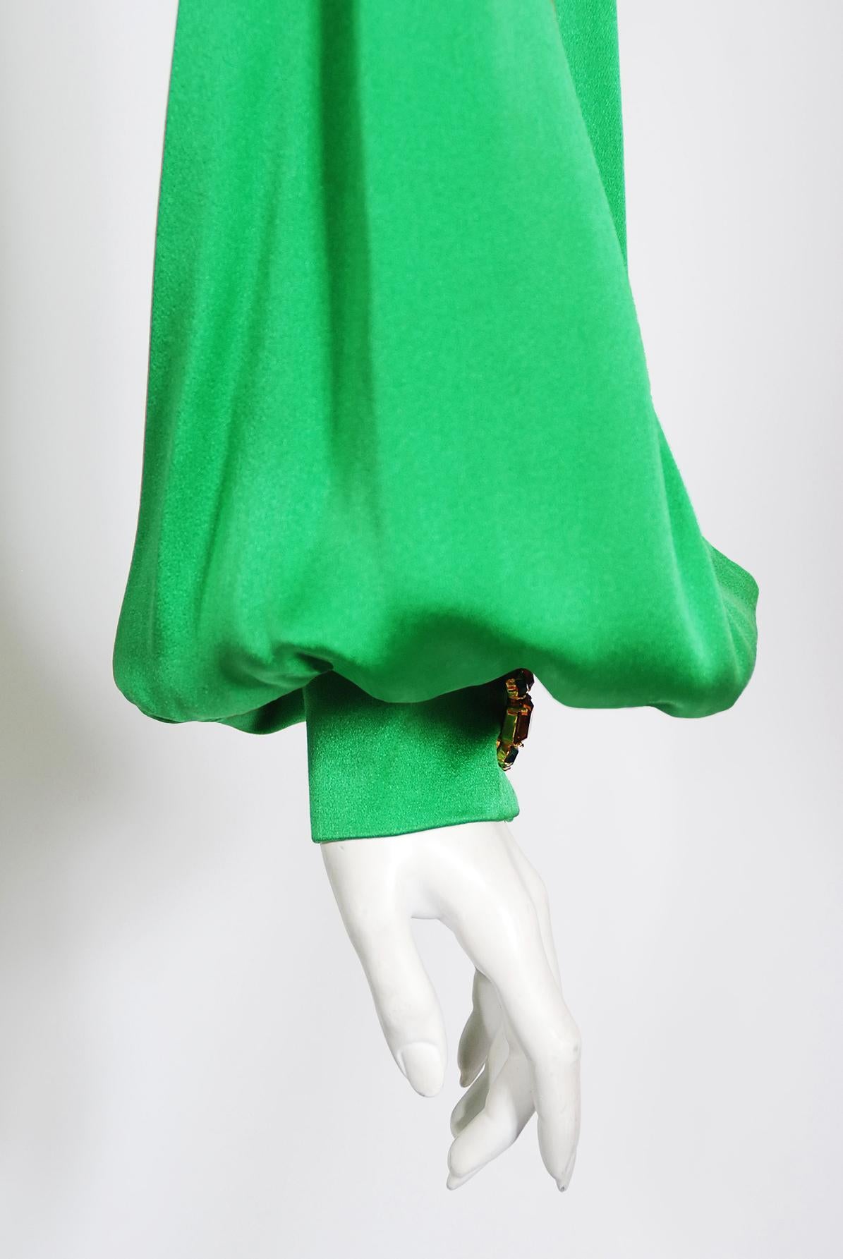 Vintage 1990 Givenchy Haute Couture Green Silk Billow-Sleeve Plunge Fringed Gown 4