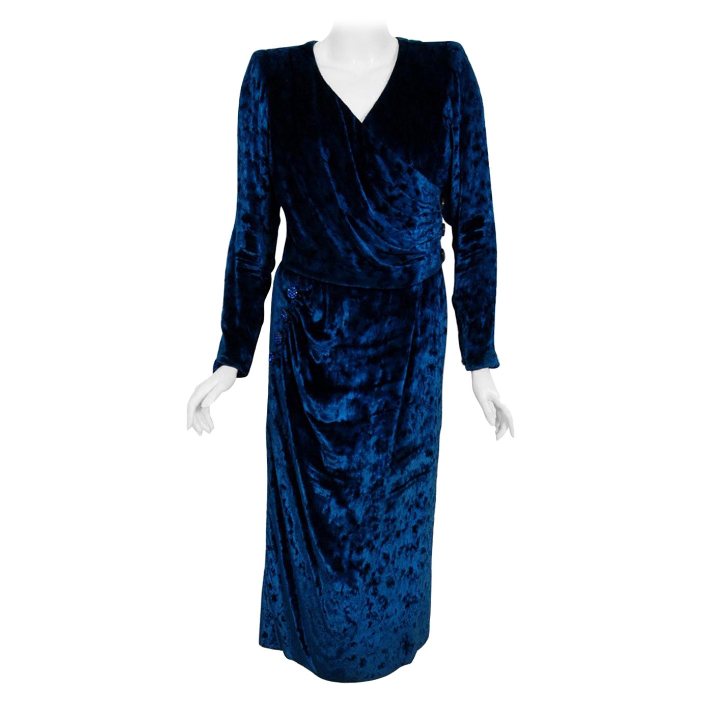 Vintage 1990 Givenchy Haute Couture Sapphire Blue Draped Silk Velvet Dress For Sale