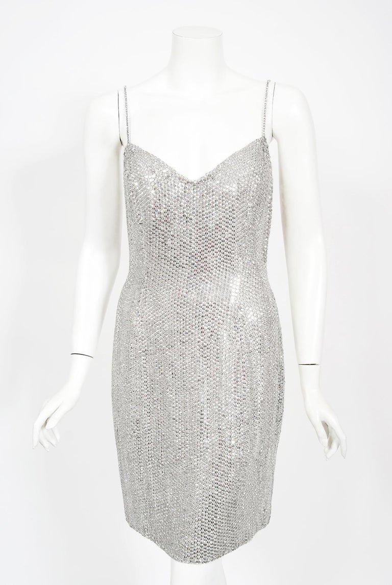 Vintage 1990 Michael Kors Documented Madonna Beaded Rhinestone Mini Slip Dress In Good Condition For Sale In Beverly Hills, CA