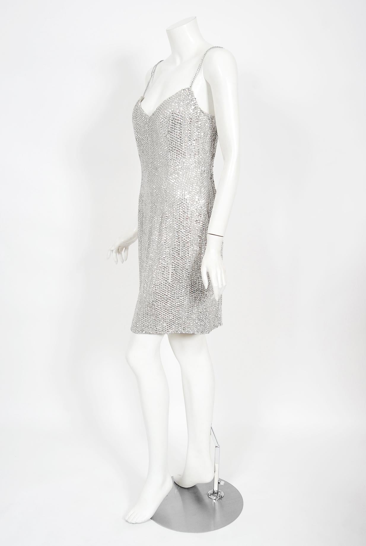 Gray 1990 Michael Kors Documented Madonna Beaded Silver Rhinestone Mini Slip Dress For Sale