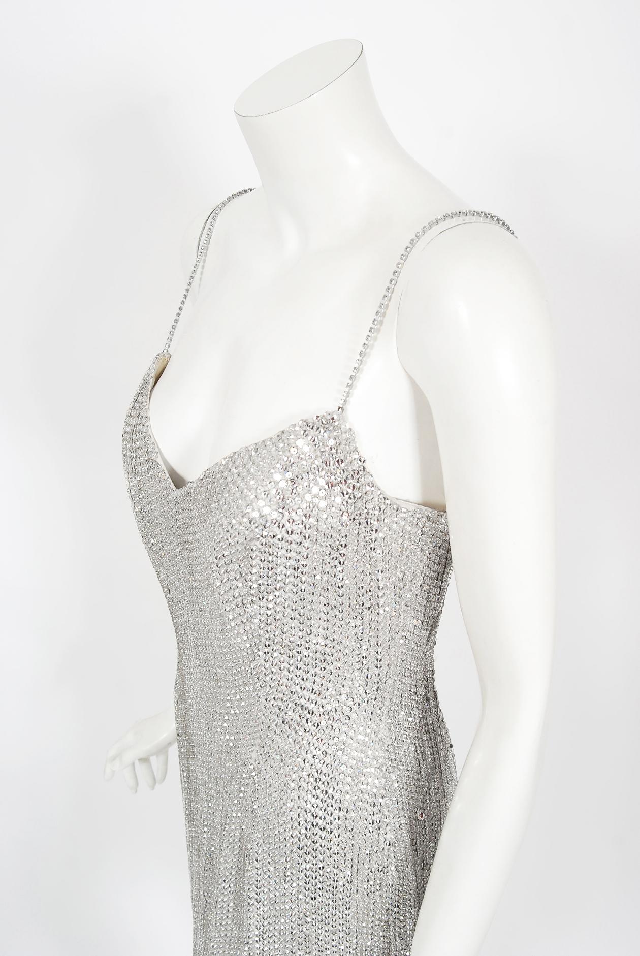 1990 Michael Kors Documented Madonna Beaded Silver Rhinestone Mini Slip Dress In Good Condition For Sale In Beverly Hills, CA