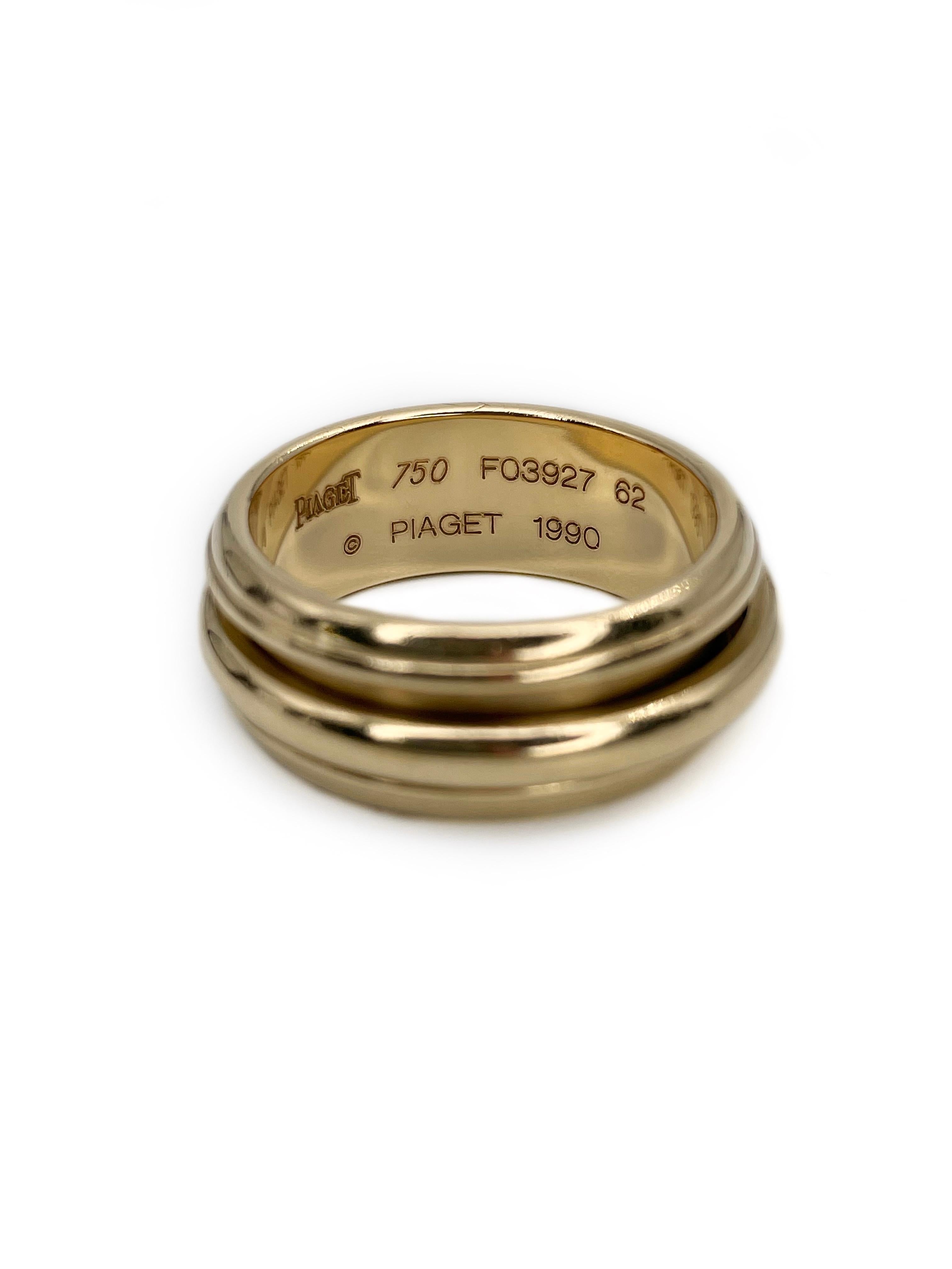 This is a Piaget “Possession” ring crafted in 18K yellow gold. It is set with a spinning gold band in the centre. Signed: “Piaget 750 FO3927 62 © PIAGET 1990”

Weight: 14.68g
Size: 20 (US10.25)
