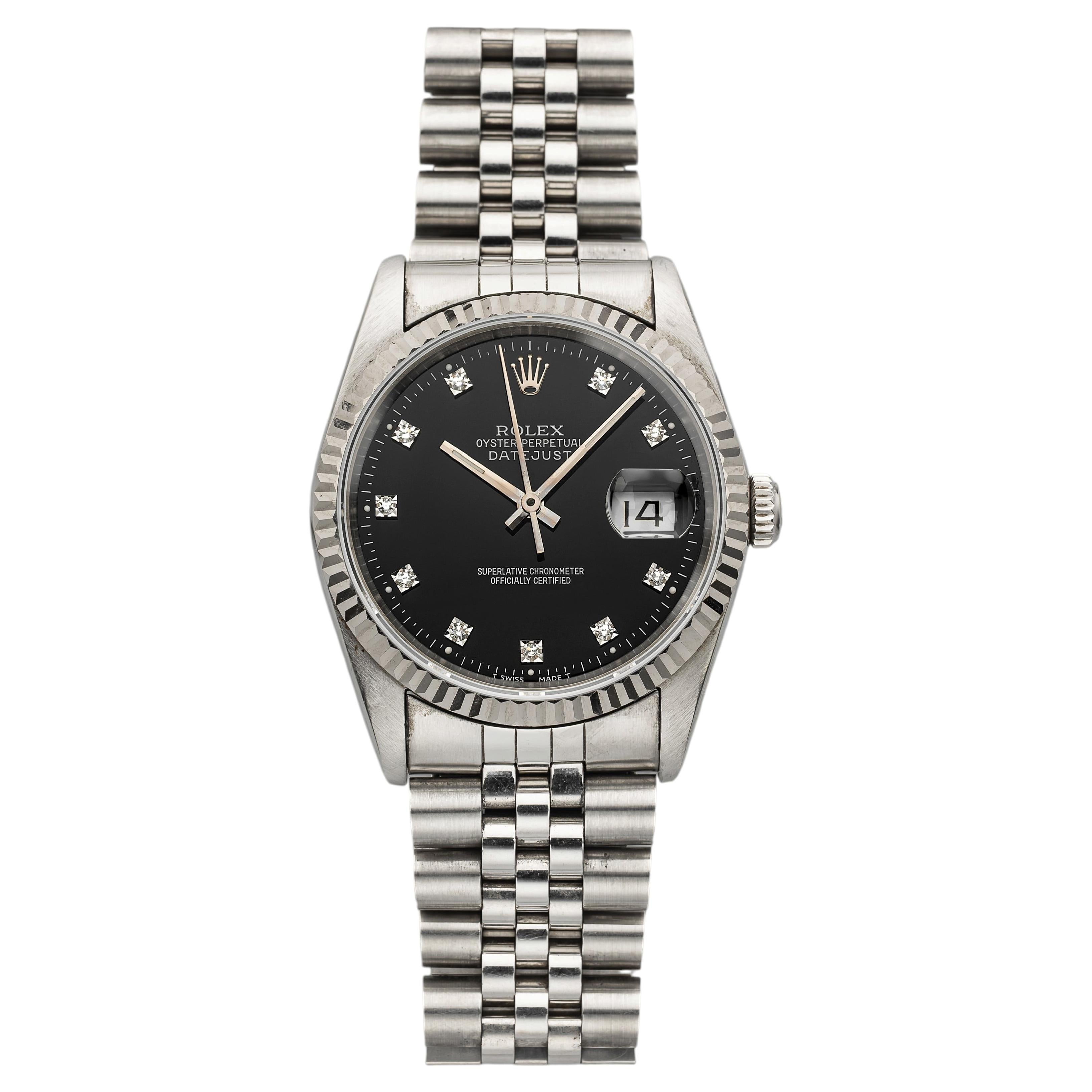 Rolex Datejust 16234 de 1990, acero, bisel de oro blanco de 18K, índices de diamantes, cuerda automática, 36 mm