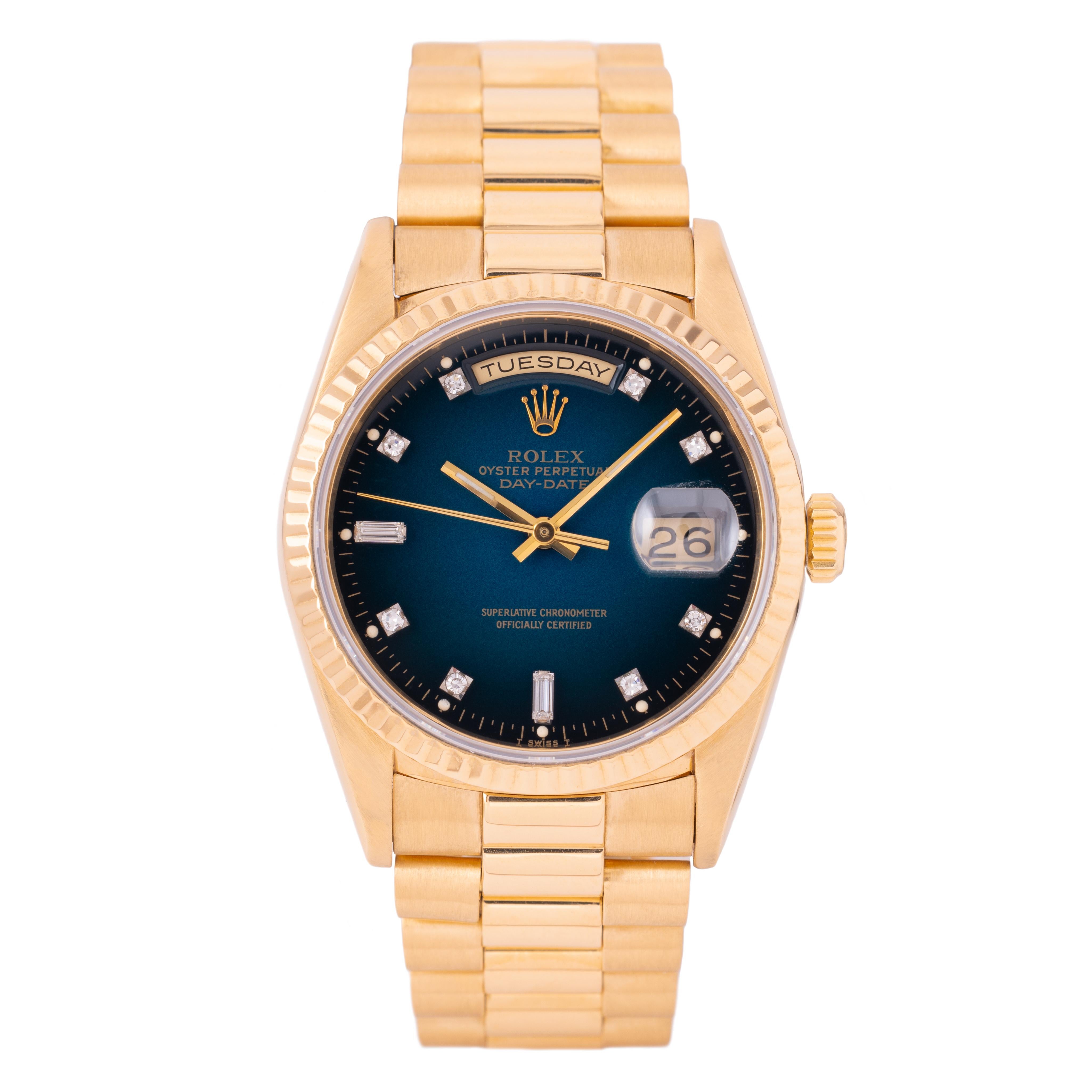 Vintage 1990 Rolex Day Date 18 Karat Modell 18238 mit seltenen blauen Vignette Zifferblatt (Moderne)