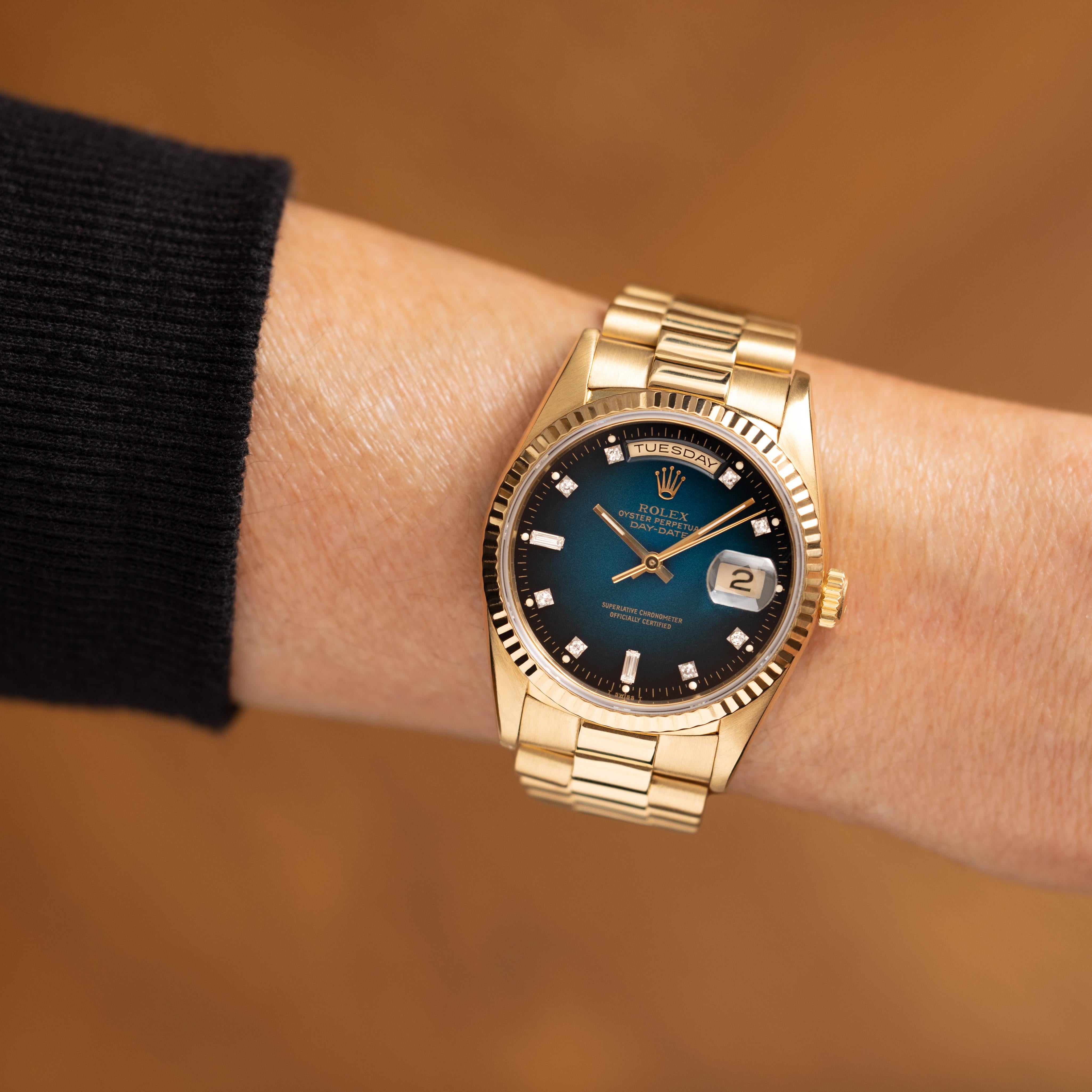 Vintage 1990 Rolex Day Date 18 Karat Modell 18238 mit seltenen blauen Vignette Zifferblatt 3